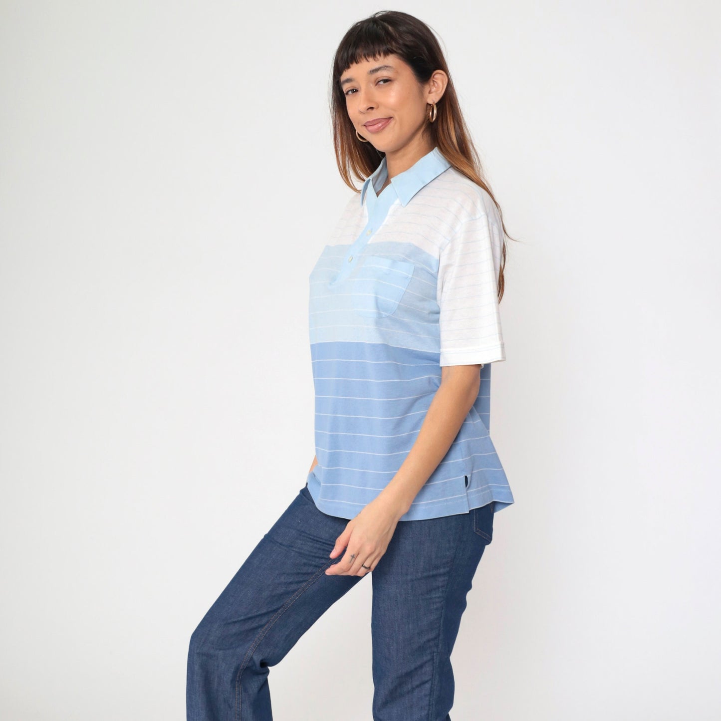 80s Arrow Tournament Striped Polo Shirt Blue White Half Button Medium