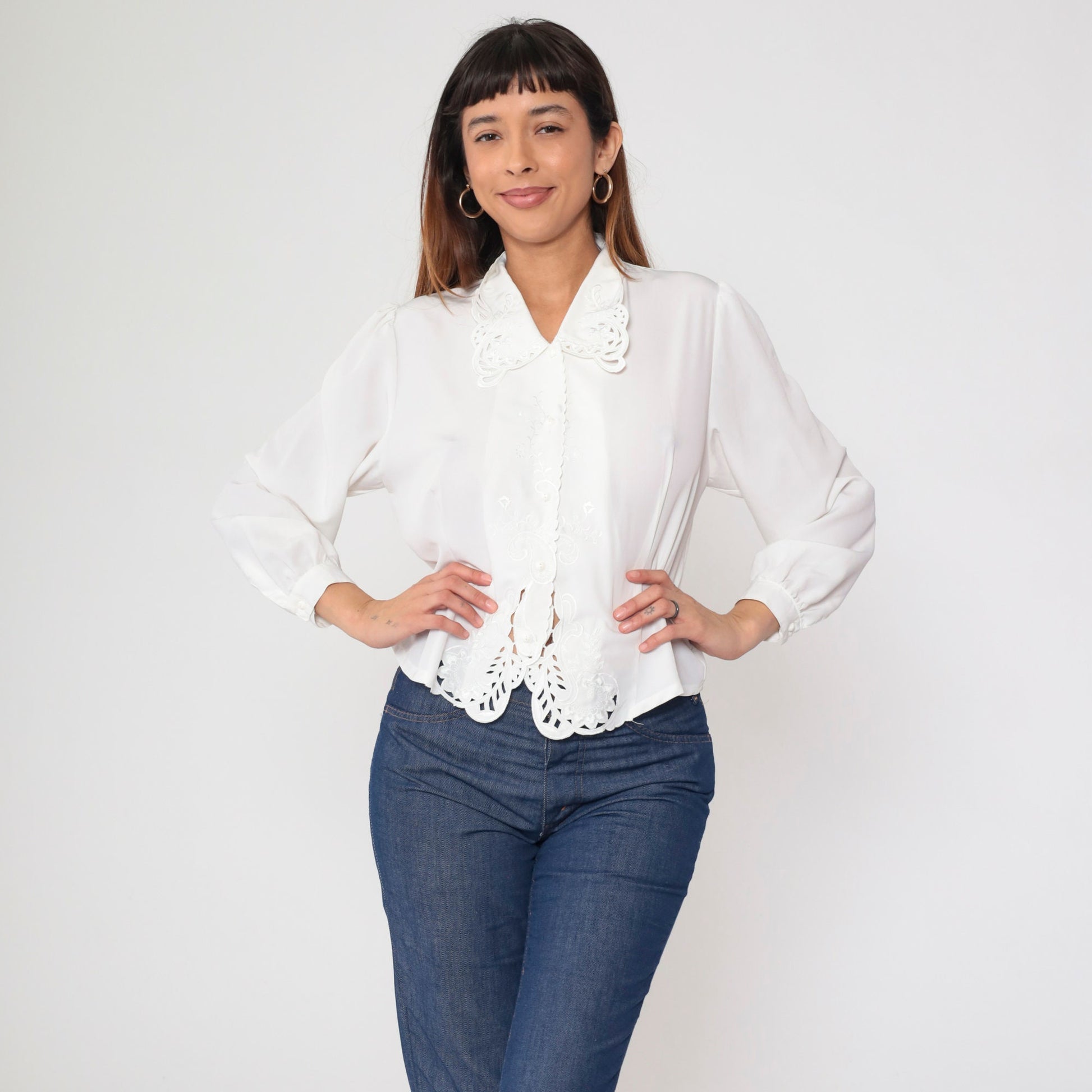 90s White Lace Blouse Paisley Floral Embroidery Cutout Puff Sleeve Button Up Medium
