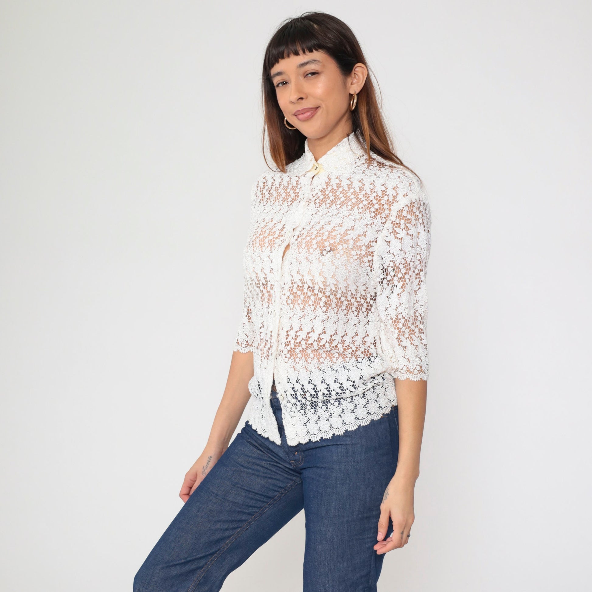 80s White Lace Blouse Peter Pan Collar Button-Up 3/4 Sleeve Small