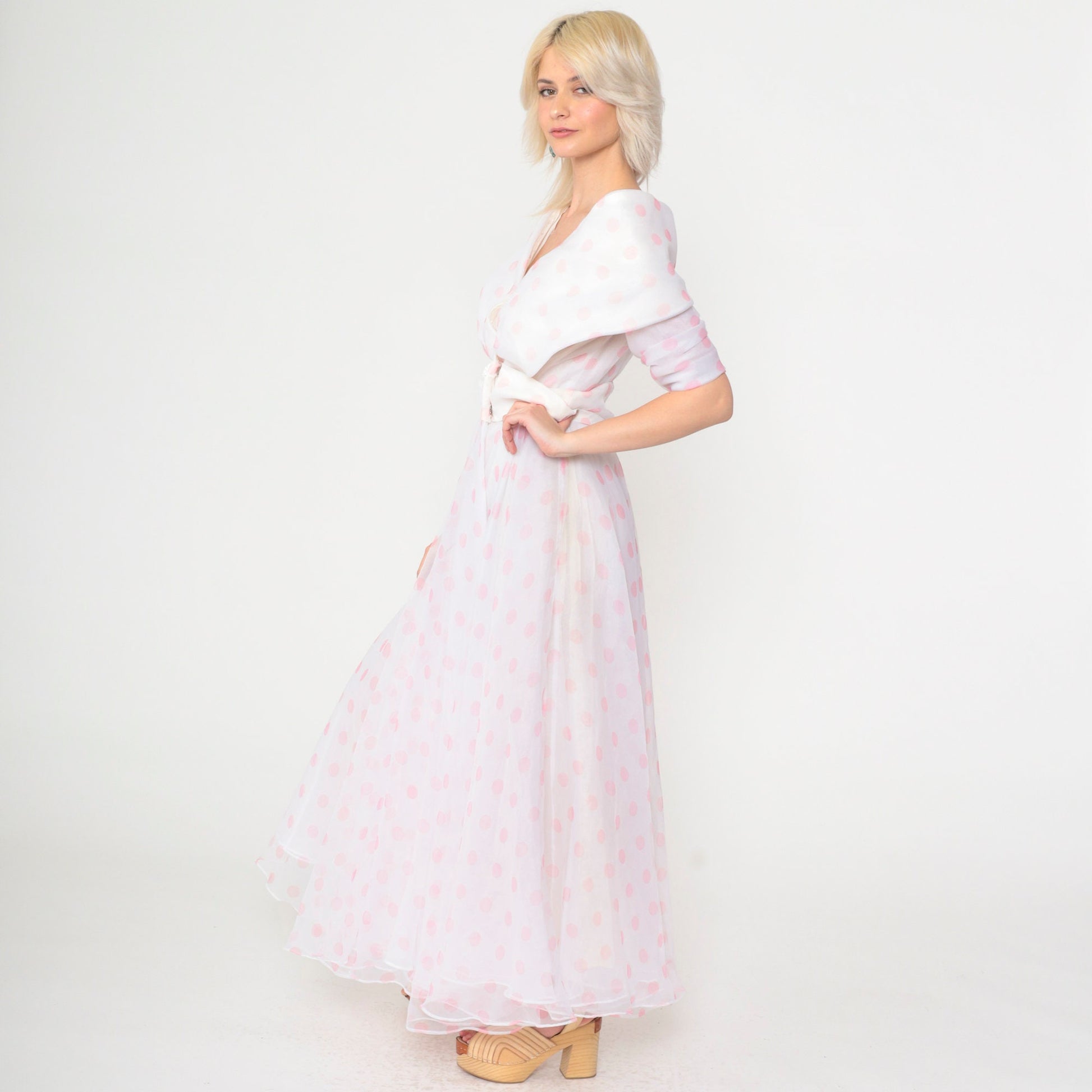 90s White Polka Dot Chiffon Maxi Dress Portrait Collar Pink Small 4