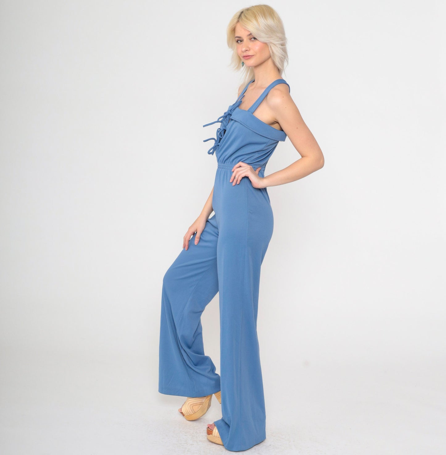70s Blue Lace-Up Jumpsuit Bell Bottom Tank Straps Criss-Cross Extra Small