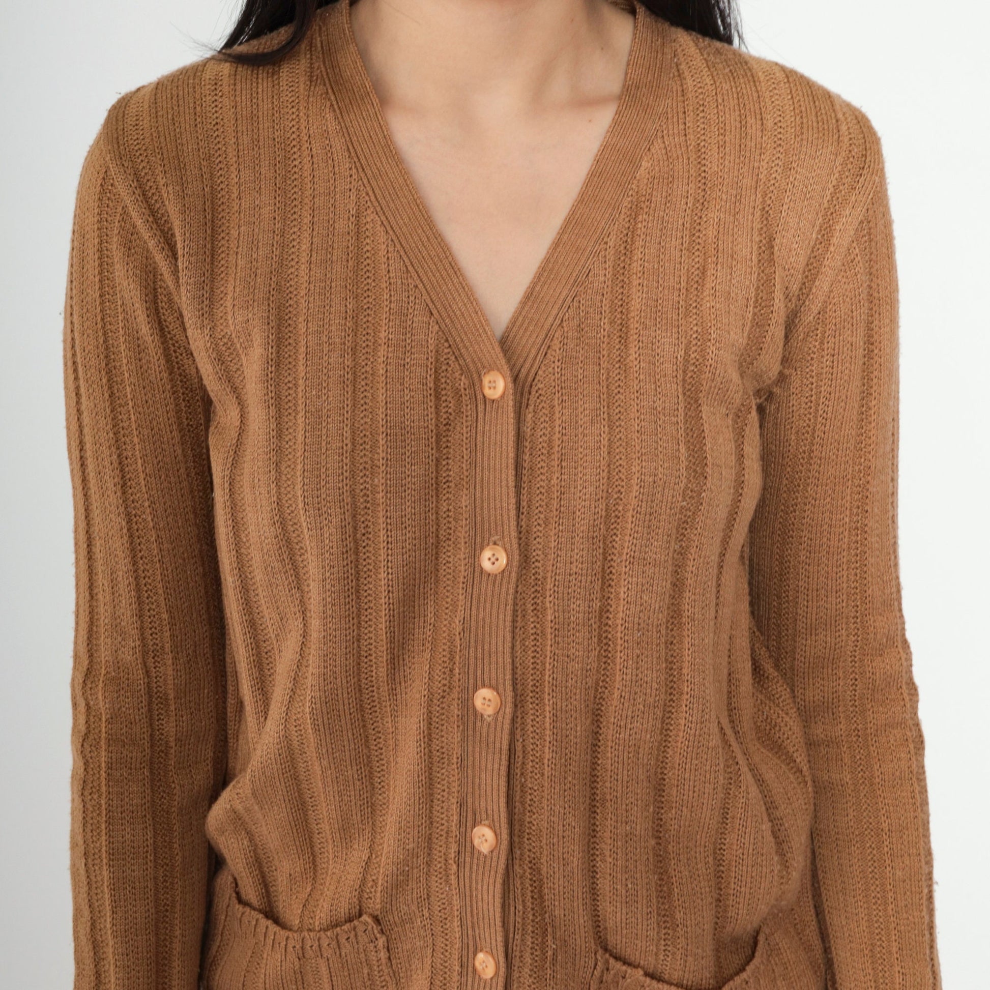 90s Brown Ribbed Cardigan Button-Up Knit Sweater V-Neck Small S