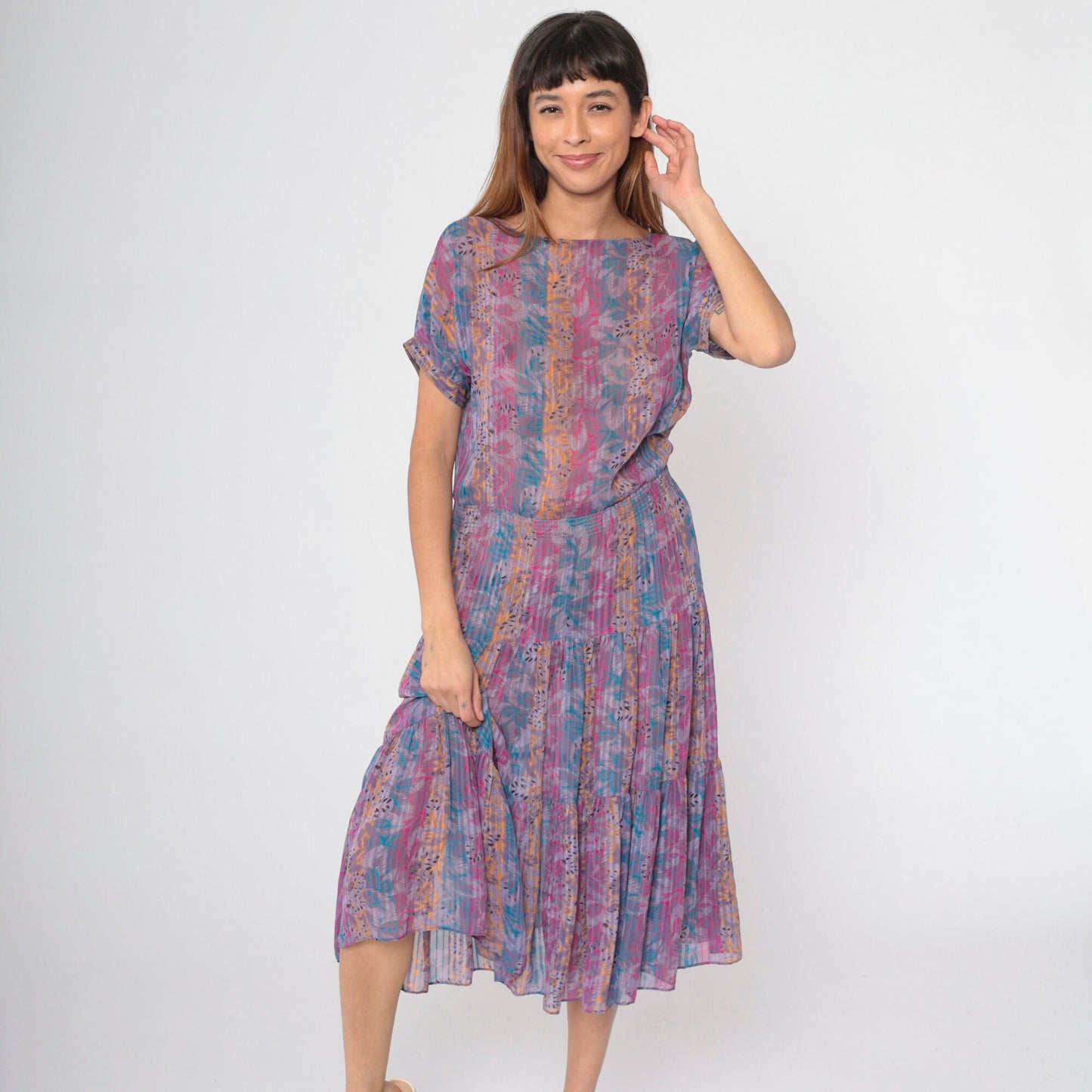 80s Floral Abstract Striped Midi Dress Drop Waist Tiered Short Sleeve Purple Small