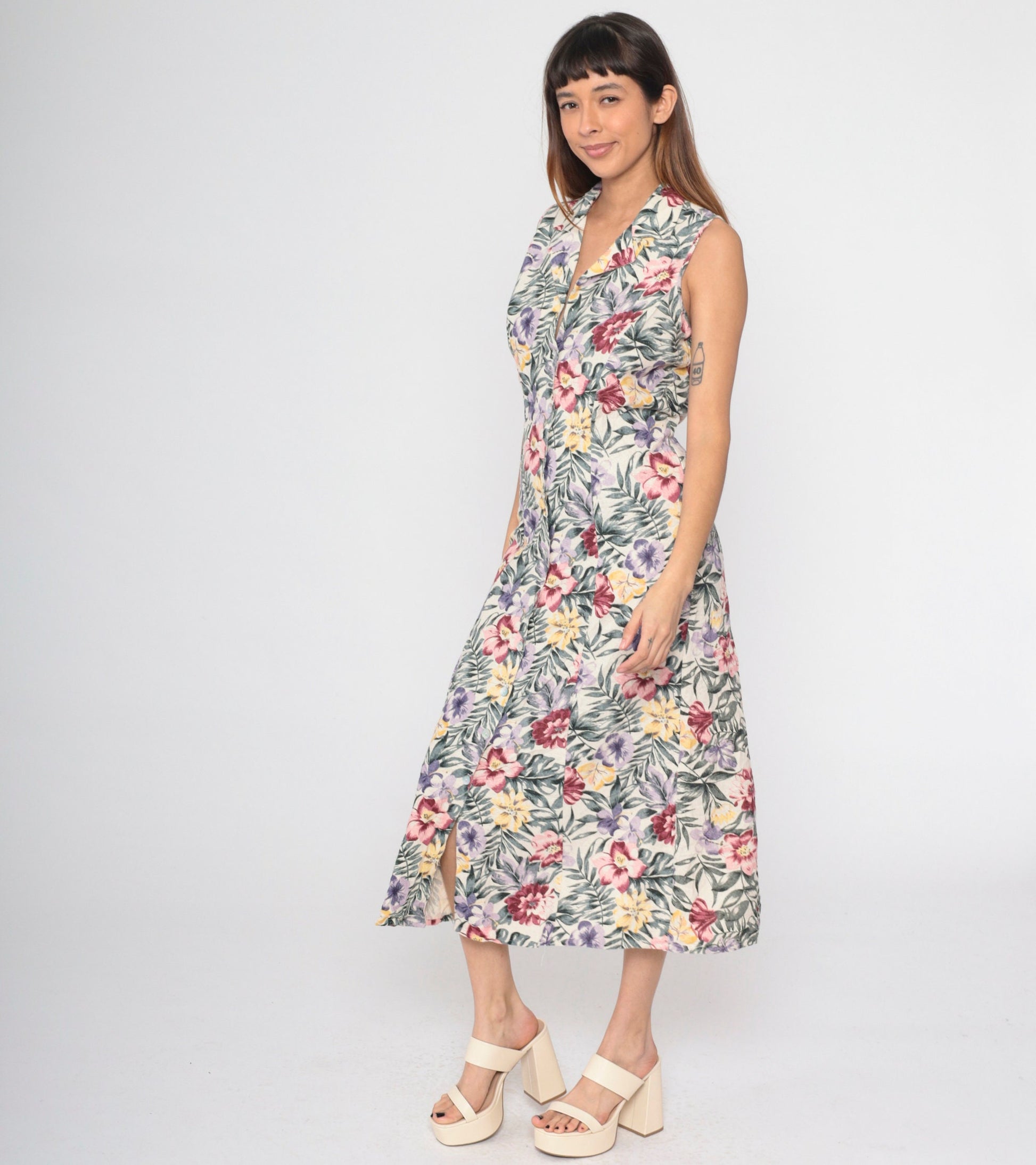90s O'Kief Silk Floral Midi Dress Tropical Print Off-White Sleeveless Medium