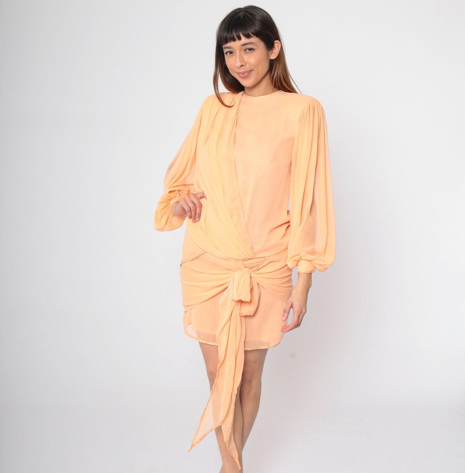 80s Peach Chiffon Shift Dress Puff Sleeve Draped Bodice Small