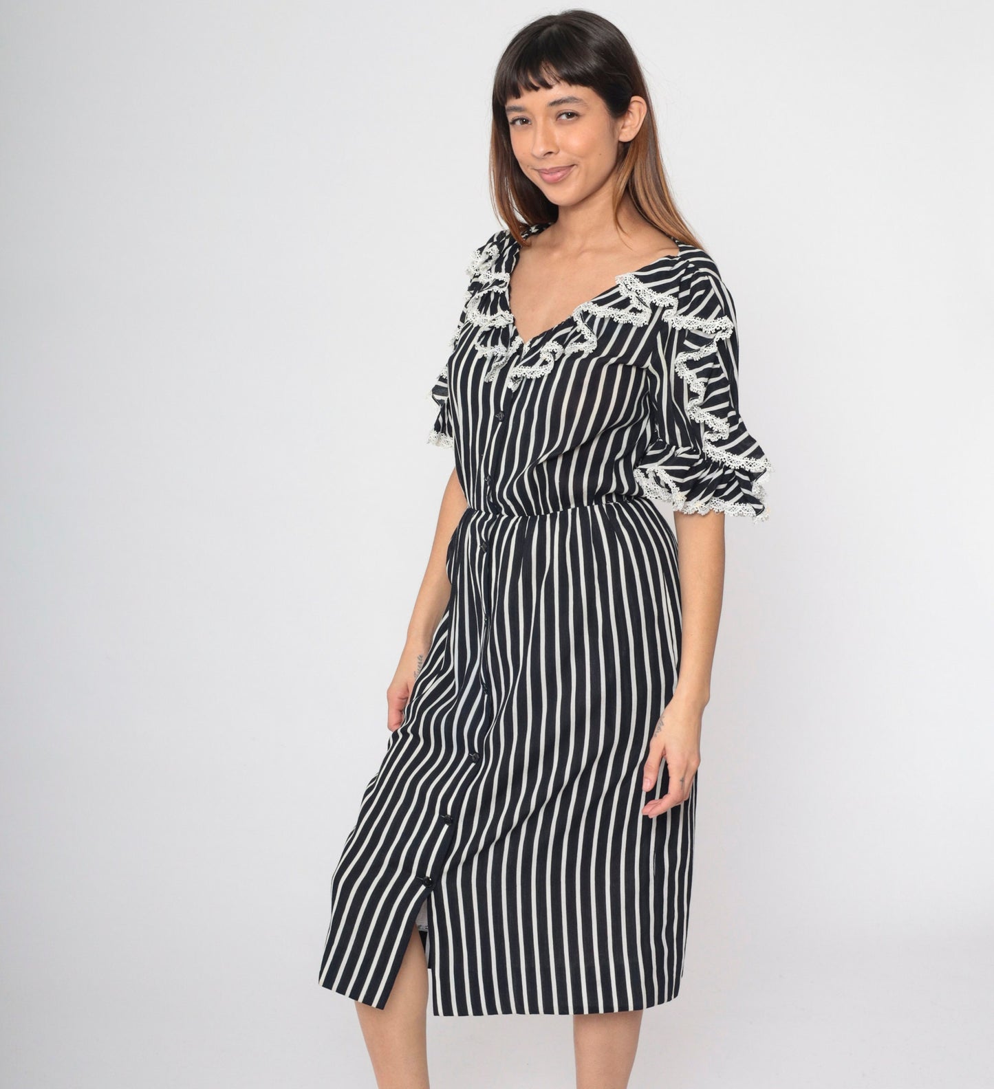 70s Mollie Parnis Black White Striped Midi Dress Button Up Lace Ruffle Small