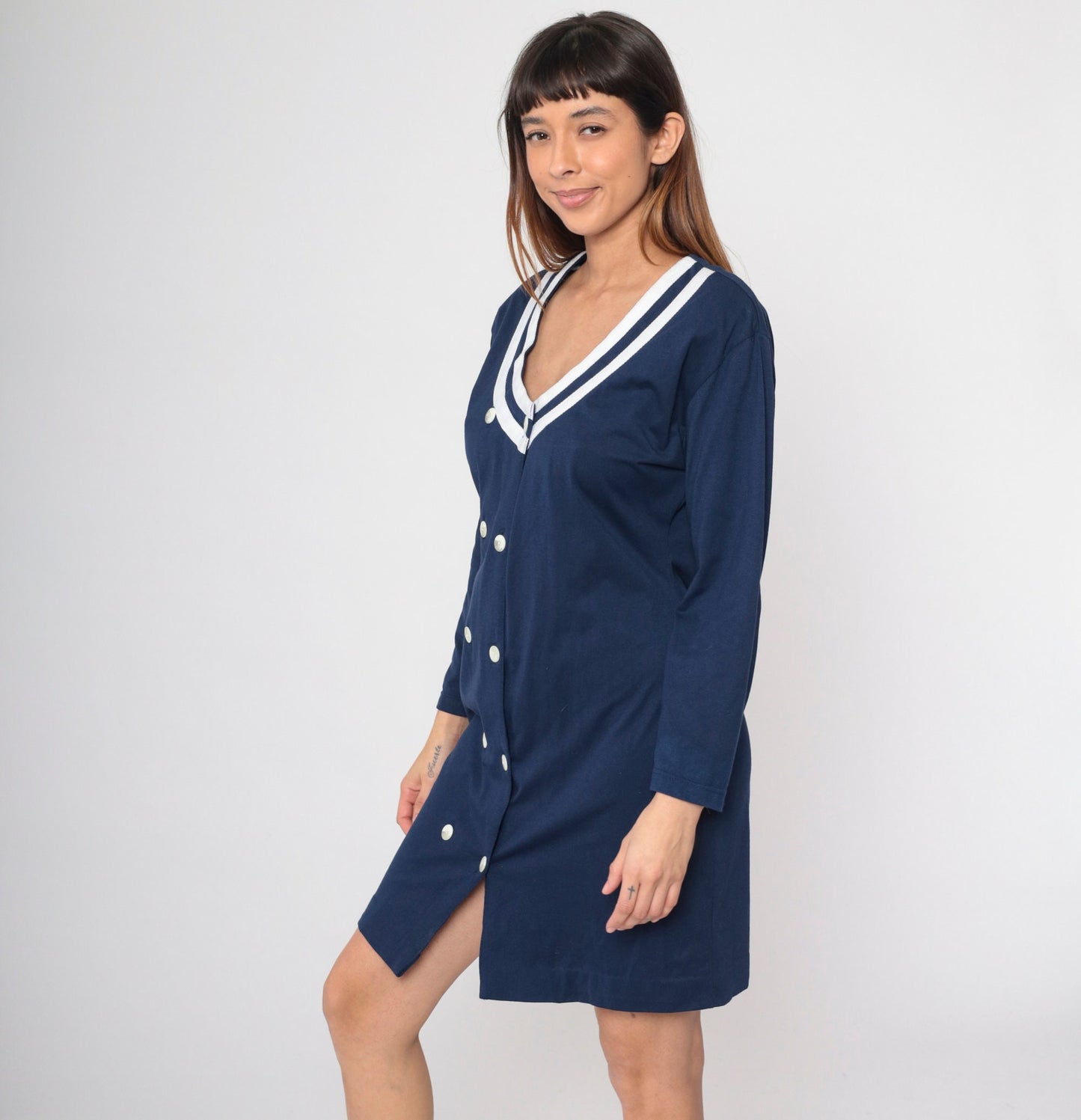 90s Navy Double Breasted Shirtdress White Striped Mini Long Sleeve Medium