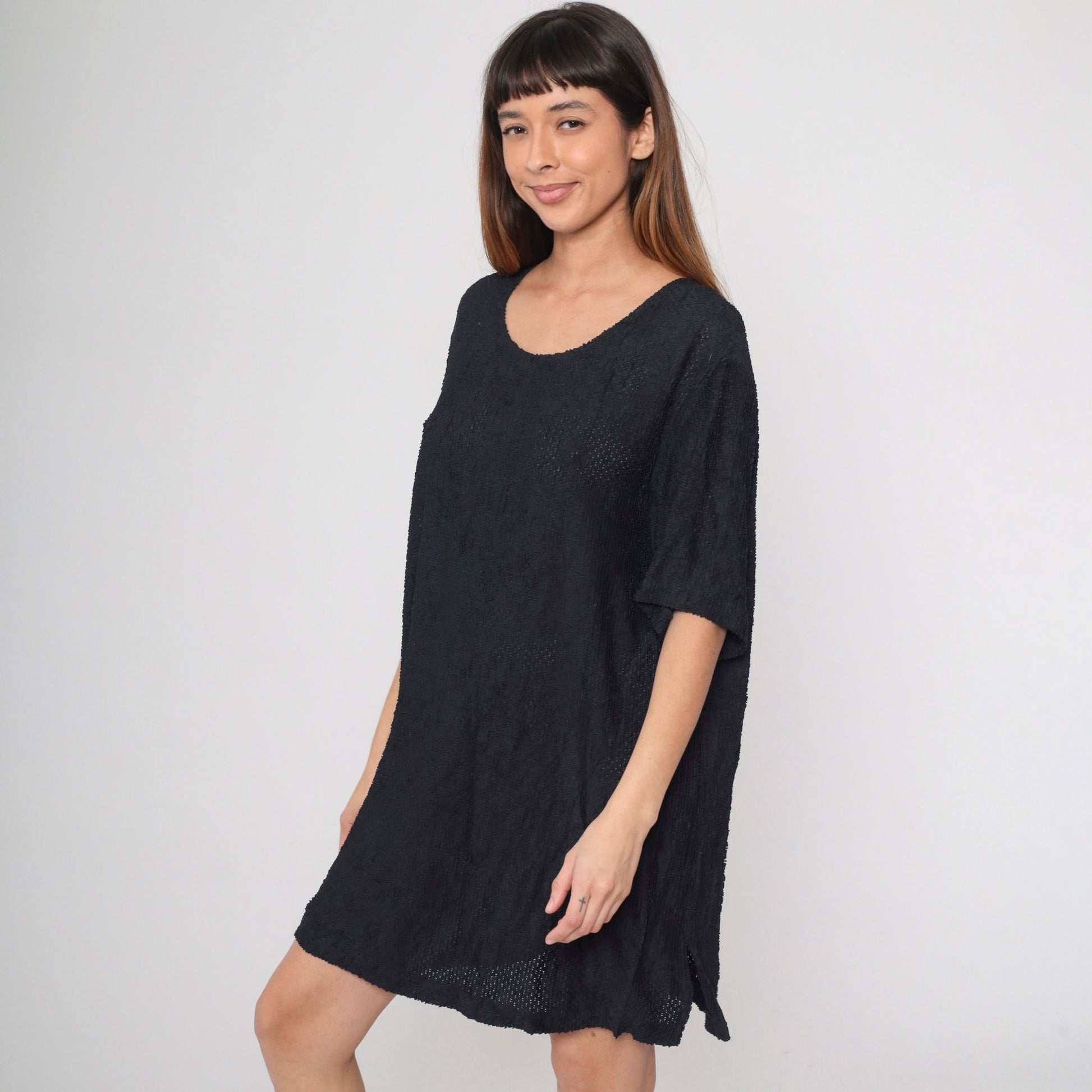 90s Black Semi-Sheer Openwork Shift Dress Plus Size XXL
