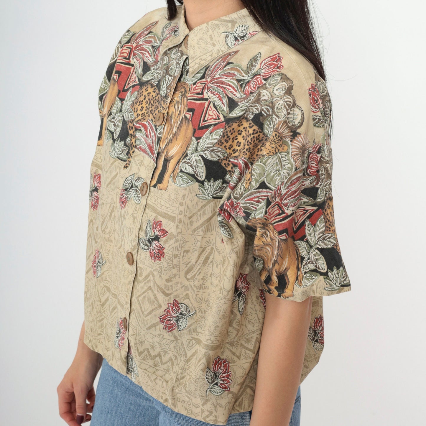 90s Safari Animal Print Button-Up Blouse Silver Glitter Lion Leopard Medium Large