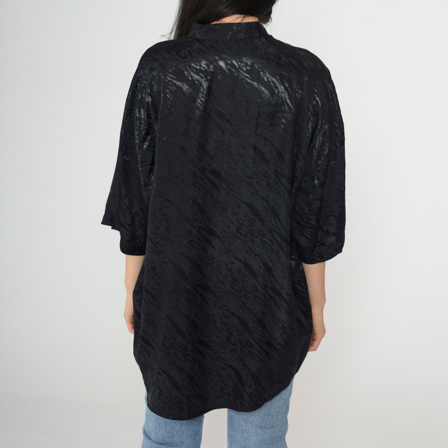 90s Animal Print Shiny Black Button-Up Shirt Zebra Leopard Stripe Large L