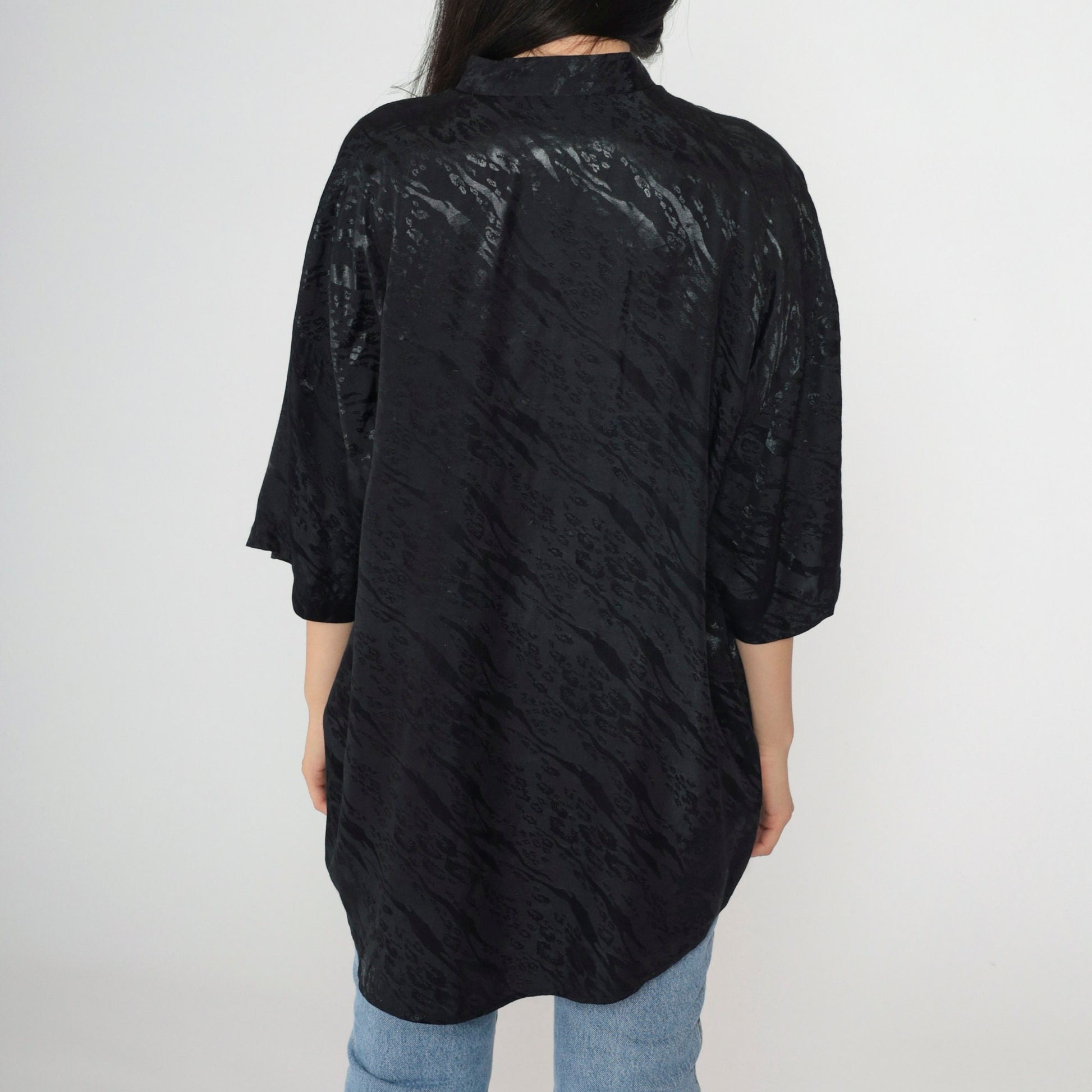 90s Animal Print Shiny Black Button-Up Shirt Zebra Leopard Stripe Large L
