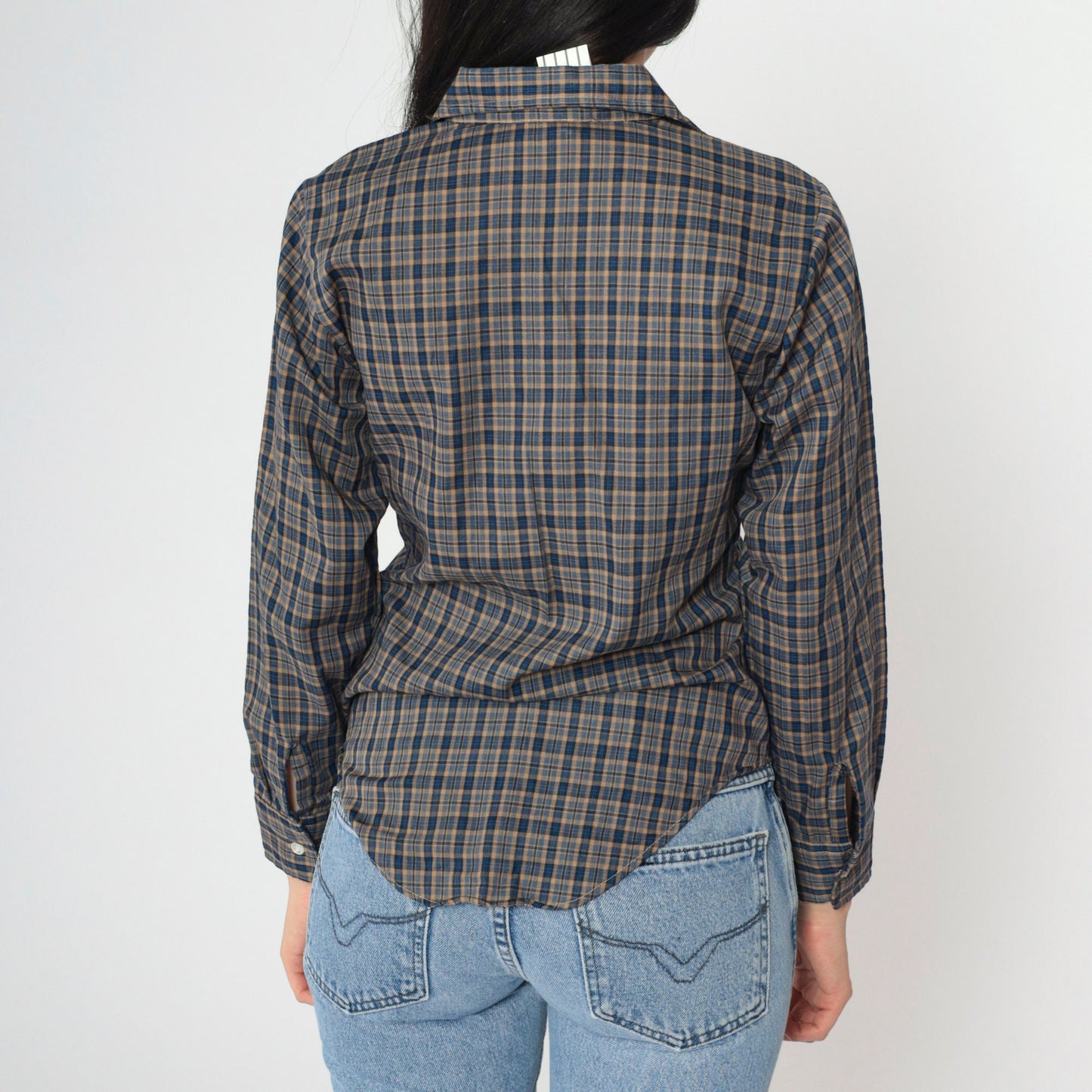90s Blue Tan Plaid Button-Up Shirt Long Sleeve Chest Pocket Extra Small