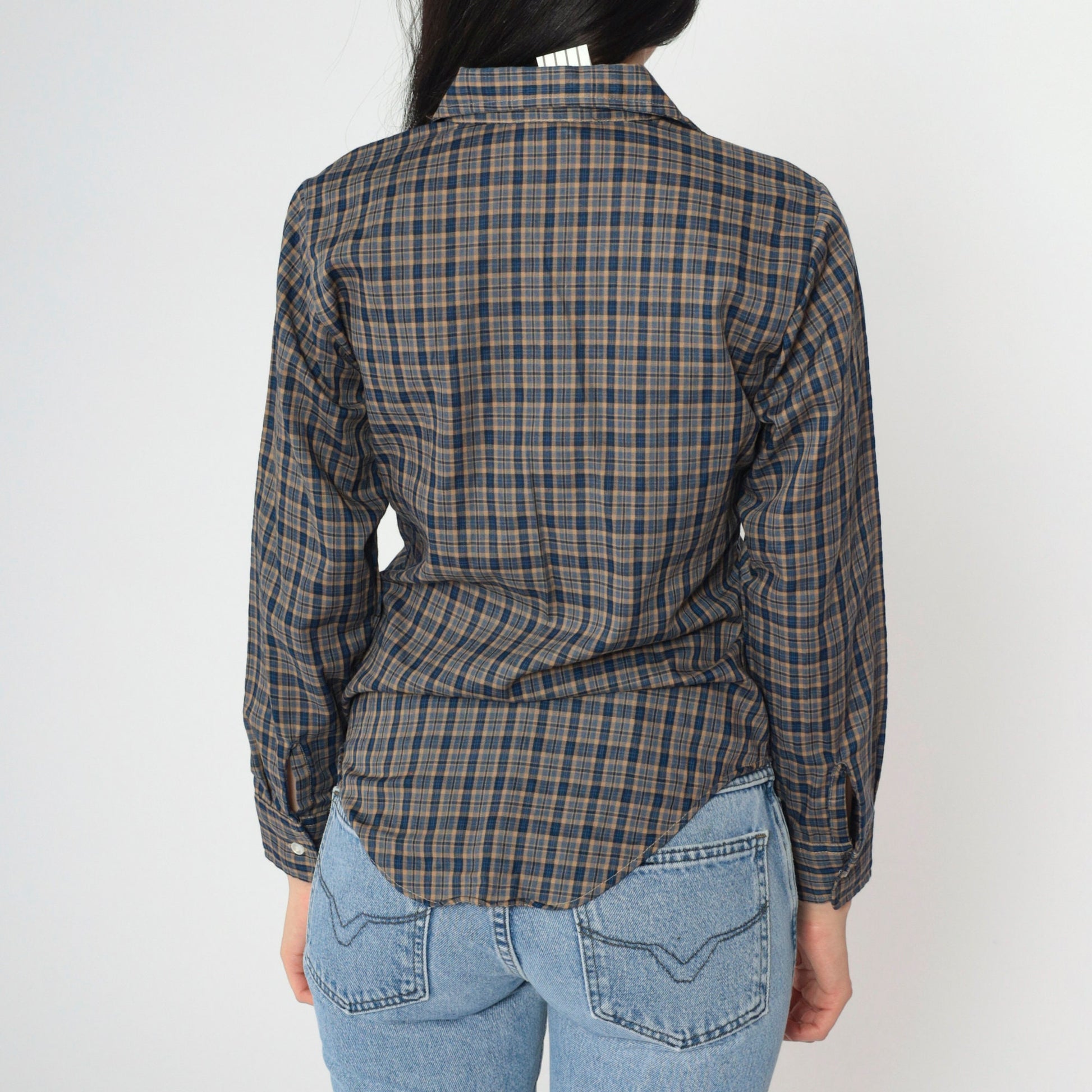 90s Blue Tan Plaid Button-Up Shirt Long Sleeve Chest Pocket Extra Small