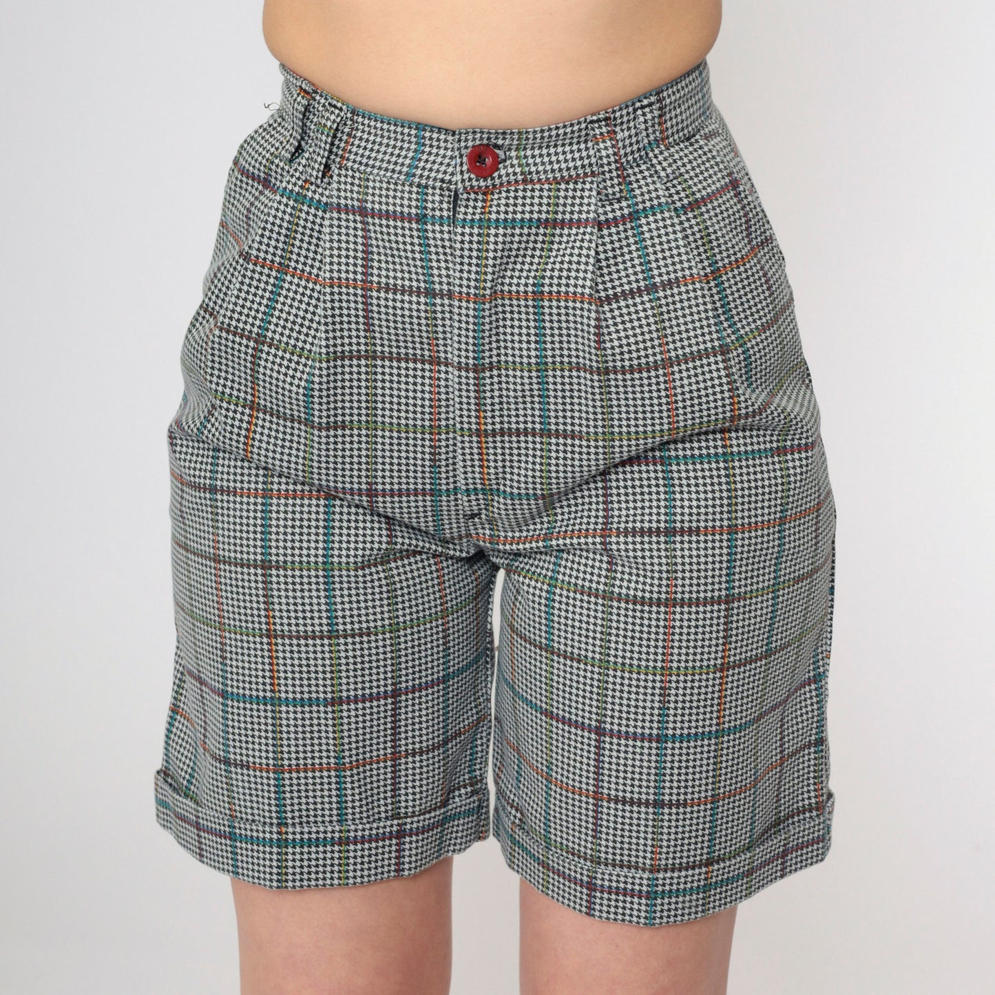 80s Houndstooth High-Waisted Shorts Black White Pleated Extra Small XS