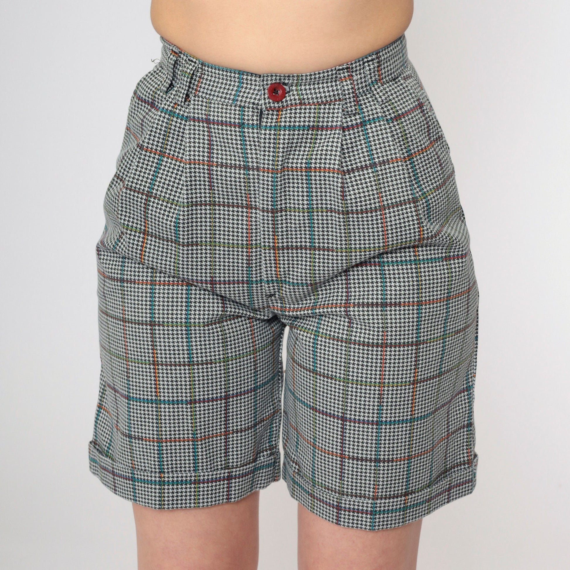 80s Houndstooth High-Waisted Shorts Black White Pleated Extra Small XS