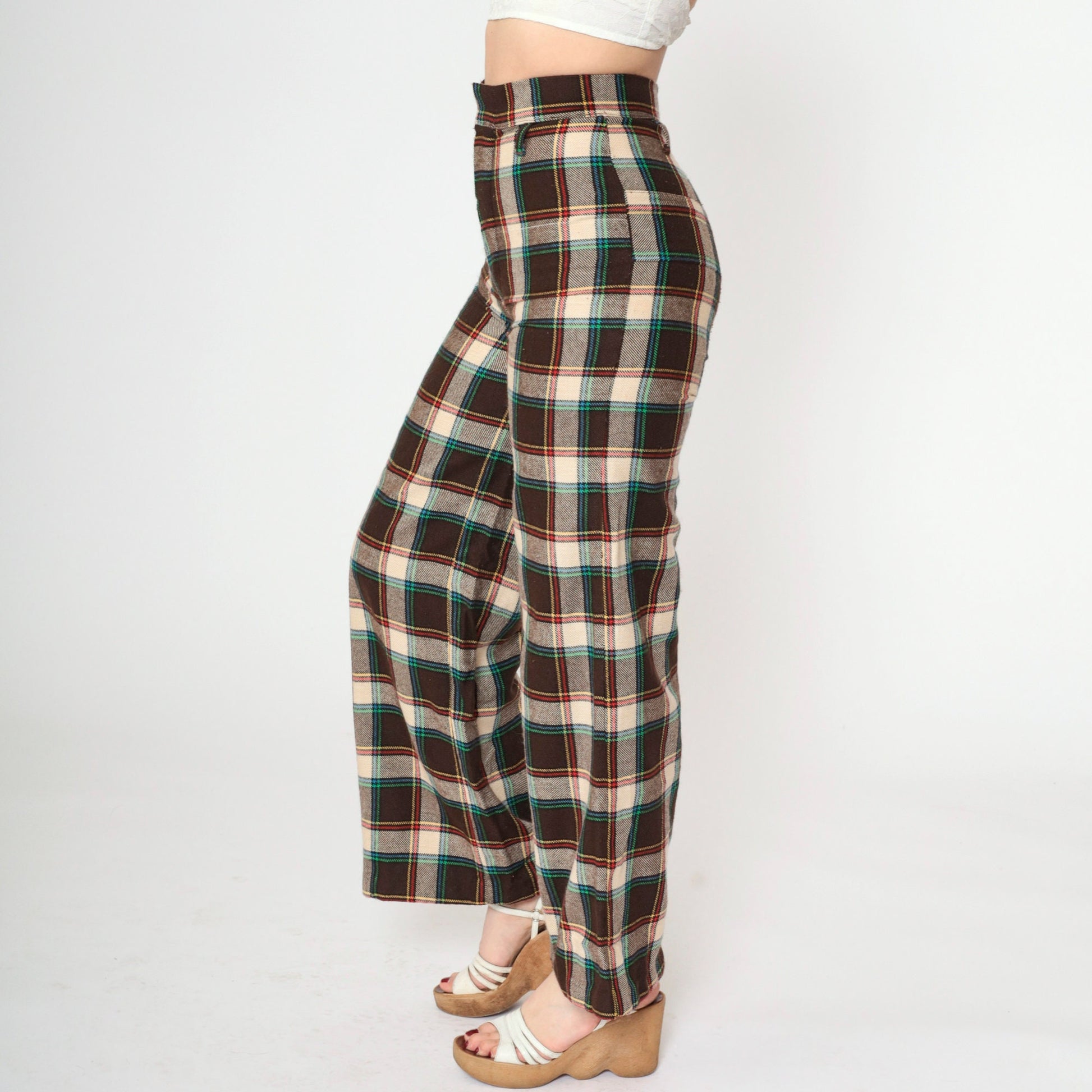 70s Dark Brown Plaid Flared Trousers High Waisted Bell Bottoms Extra Small