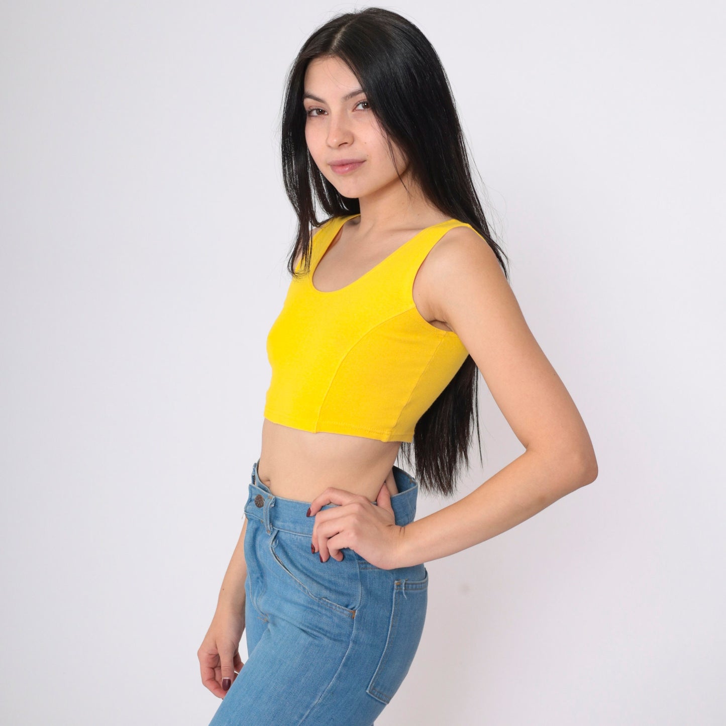 90s Yellow Scoop Neck Crop Tank Top Tight Fitted Small