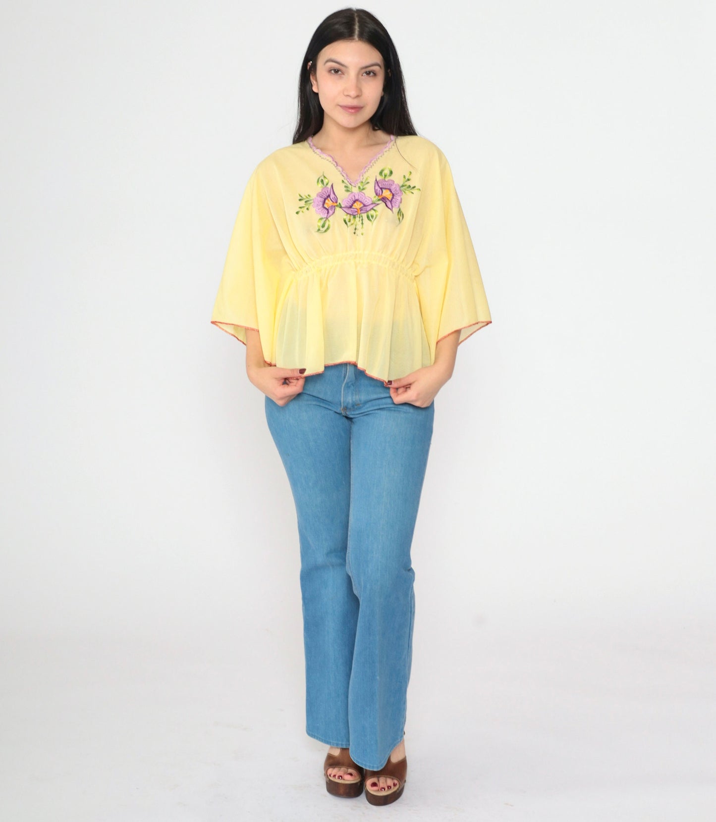 70s Yellow Floral Embroidered Caftan Top Sheer V-Neck Small Medium