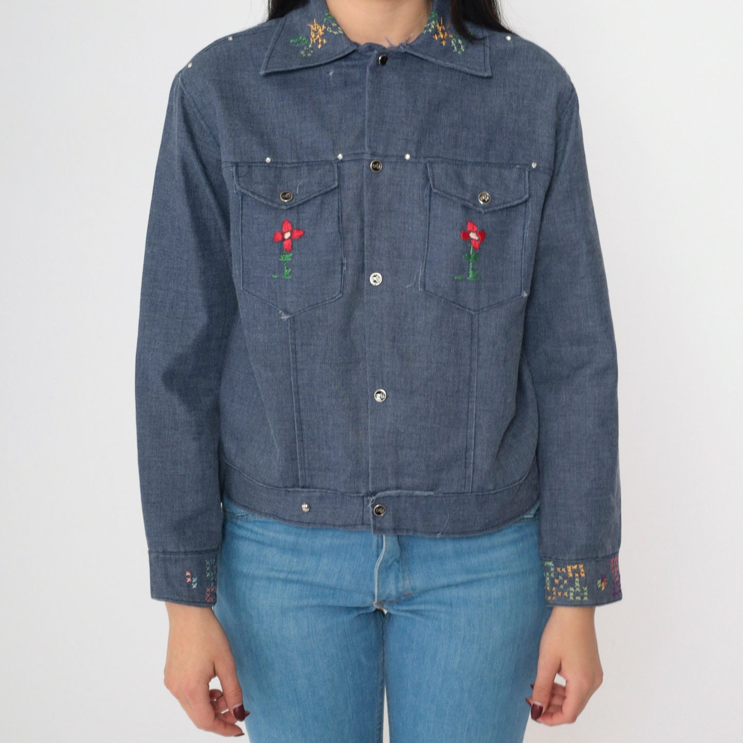 70s Chambray Jacket Floral Embroidered Hand Painted Sun Denim Trucker Small