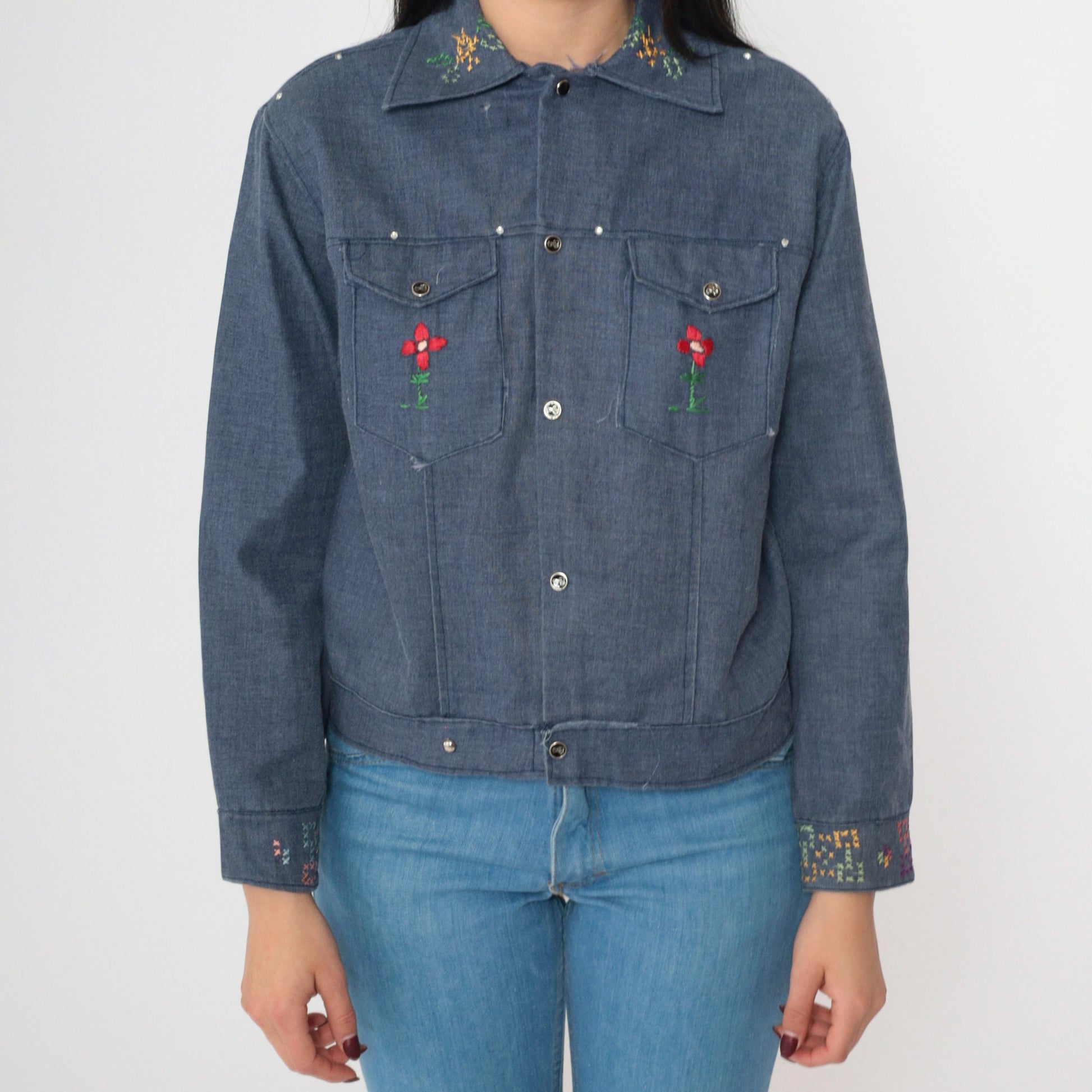70s Chambray Jacket Floral Embroidered Hand Painted Sun Denim Trucker Small