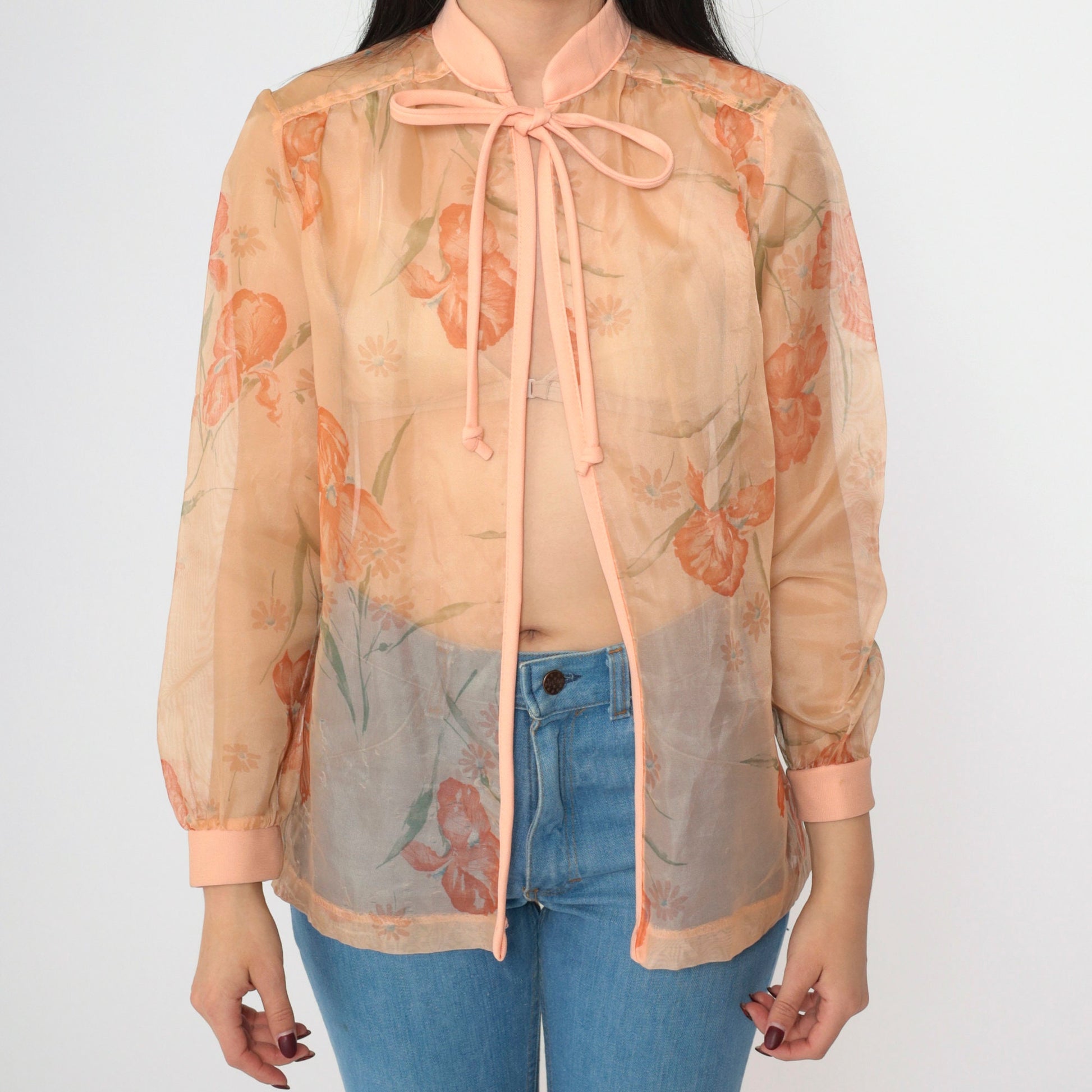 70s Sheer Floral Open Front Jacket Orange Tie Neck Medium