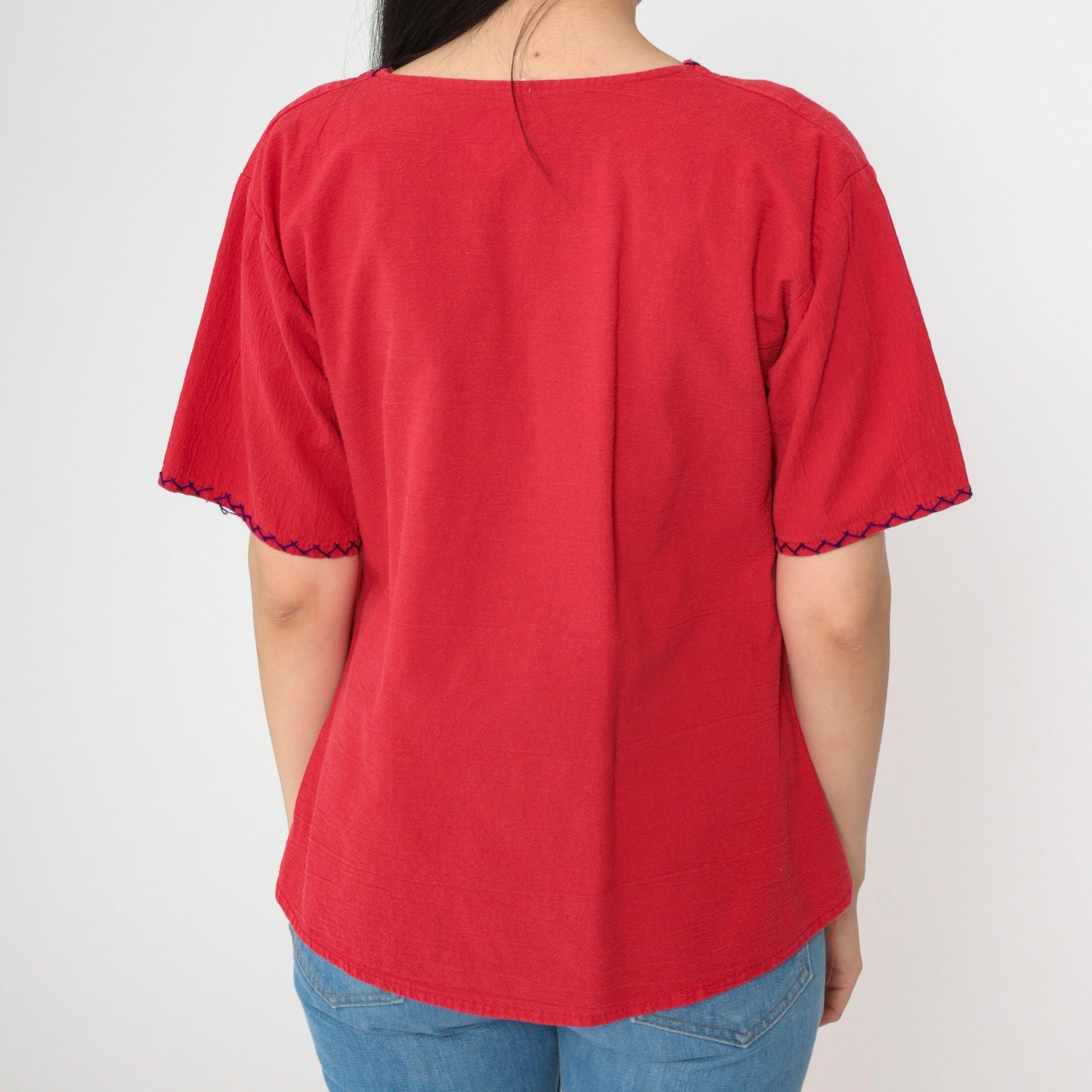 90s Red Floral Embroidered Mexican Blouse Lace-Up Short Sleeve Small Medium