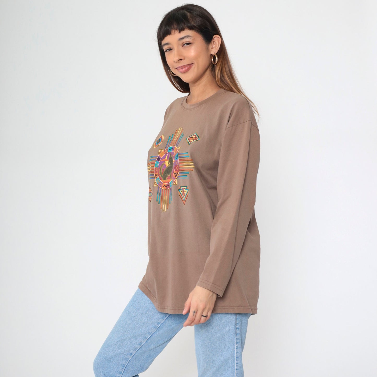90s Southwestern Coyote Moon Graphic Long Sleeve T Shirt Brown Large
