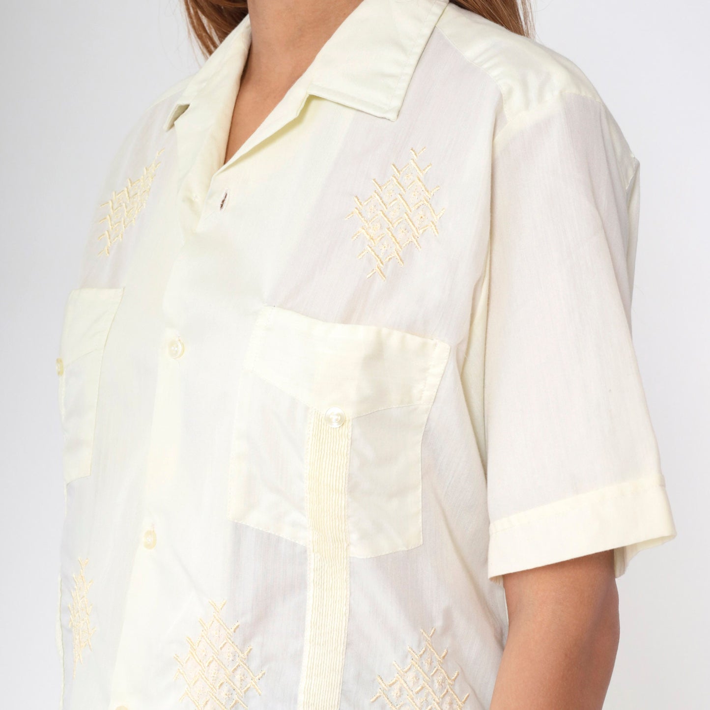 70s Don G of California Yellow Embroidered Pintuck Button-Up Shirt Men's Medium