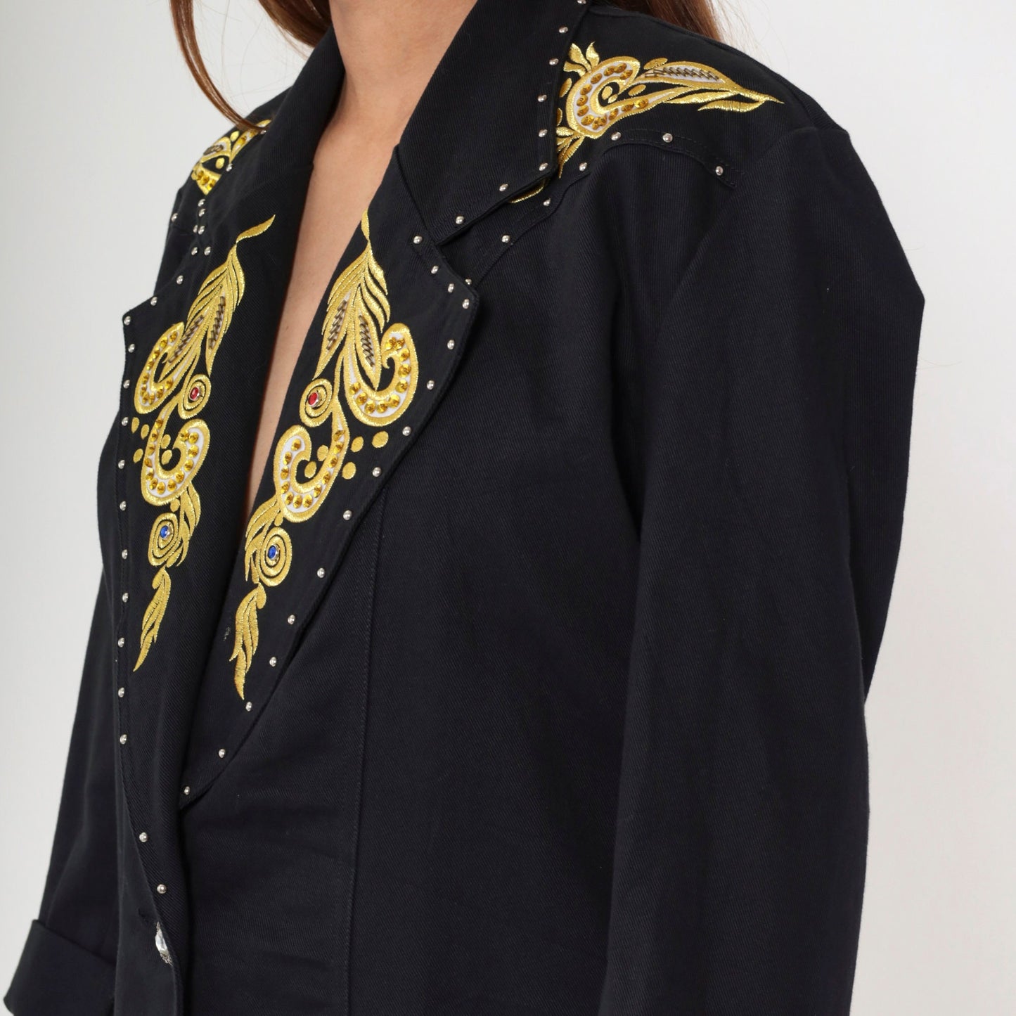 90s Black Blazer Gold Embroidered Rhinestone Studs Single Button Medium