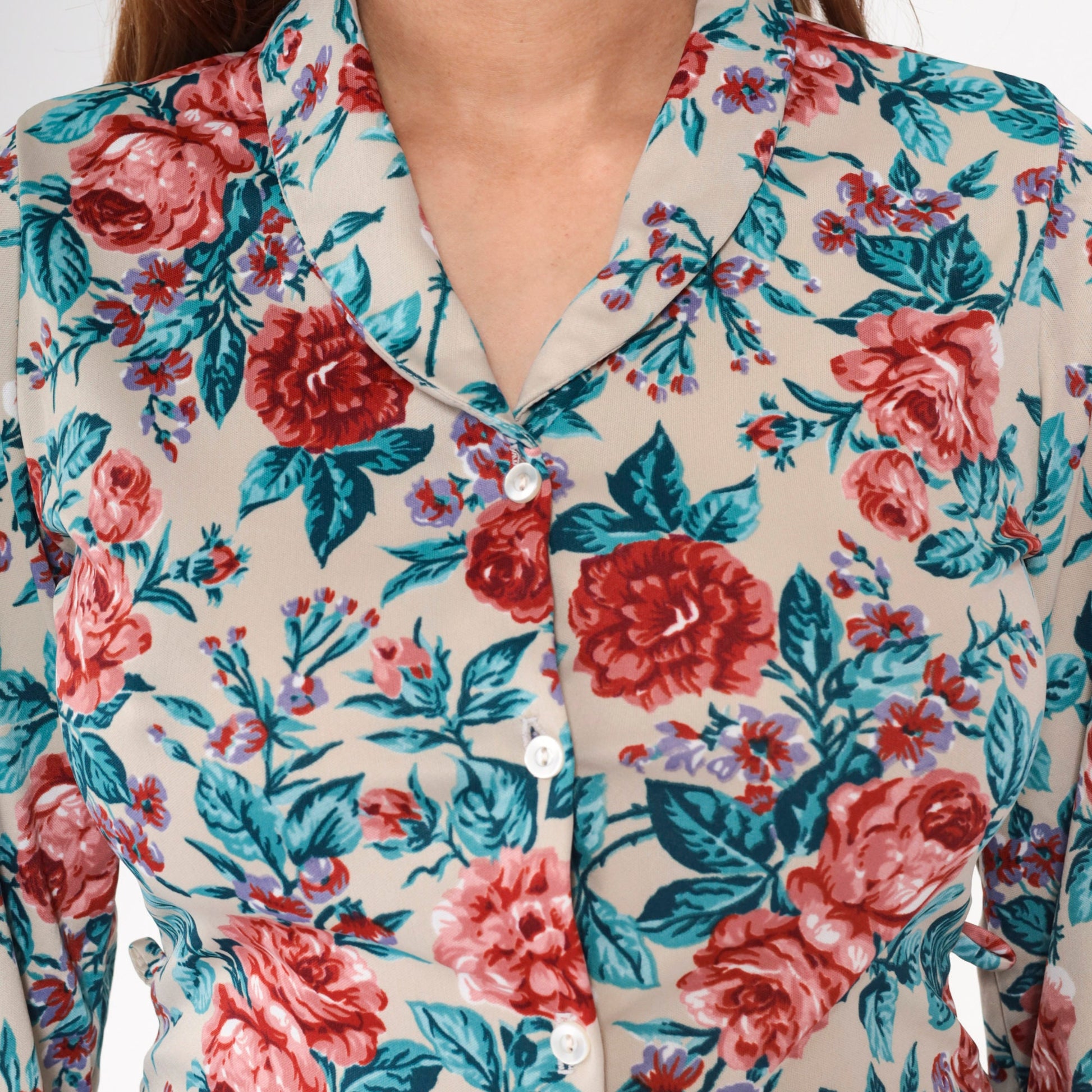 70s Floral Print Button-Up Blouse Taupe Pink Blue Long Sleeve Collar Medium