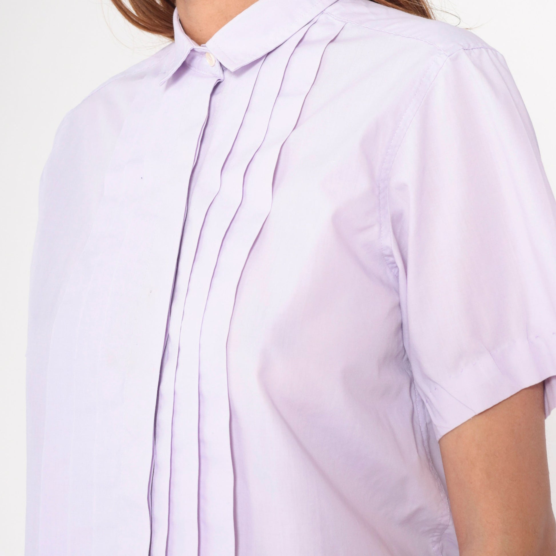 80s Lavender Pleated Button-Up Blouse Short Sleeve Cotton Blend Medium
