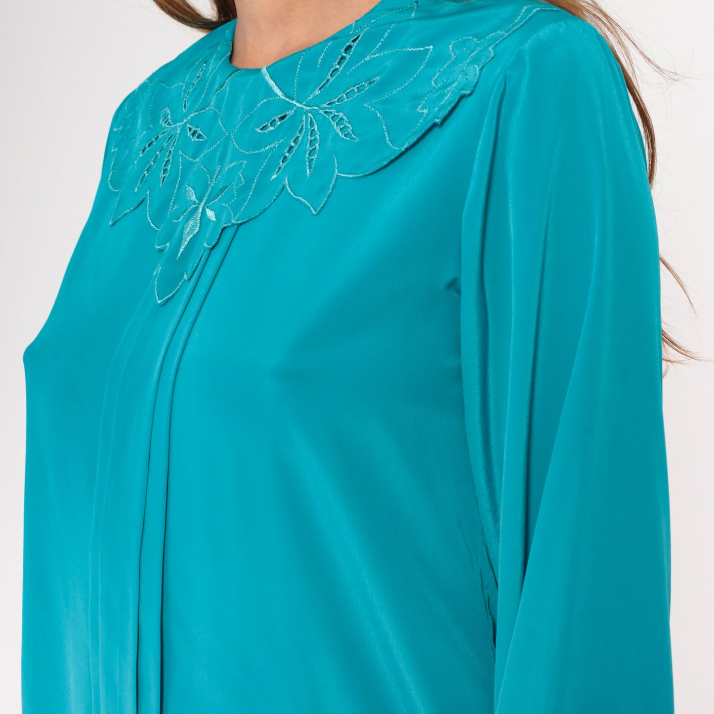 80s Teal Embroidered Cutwork Collar Blouse Button-Back Long Sleeve Small
