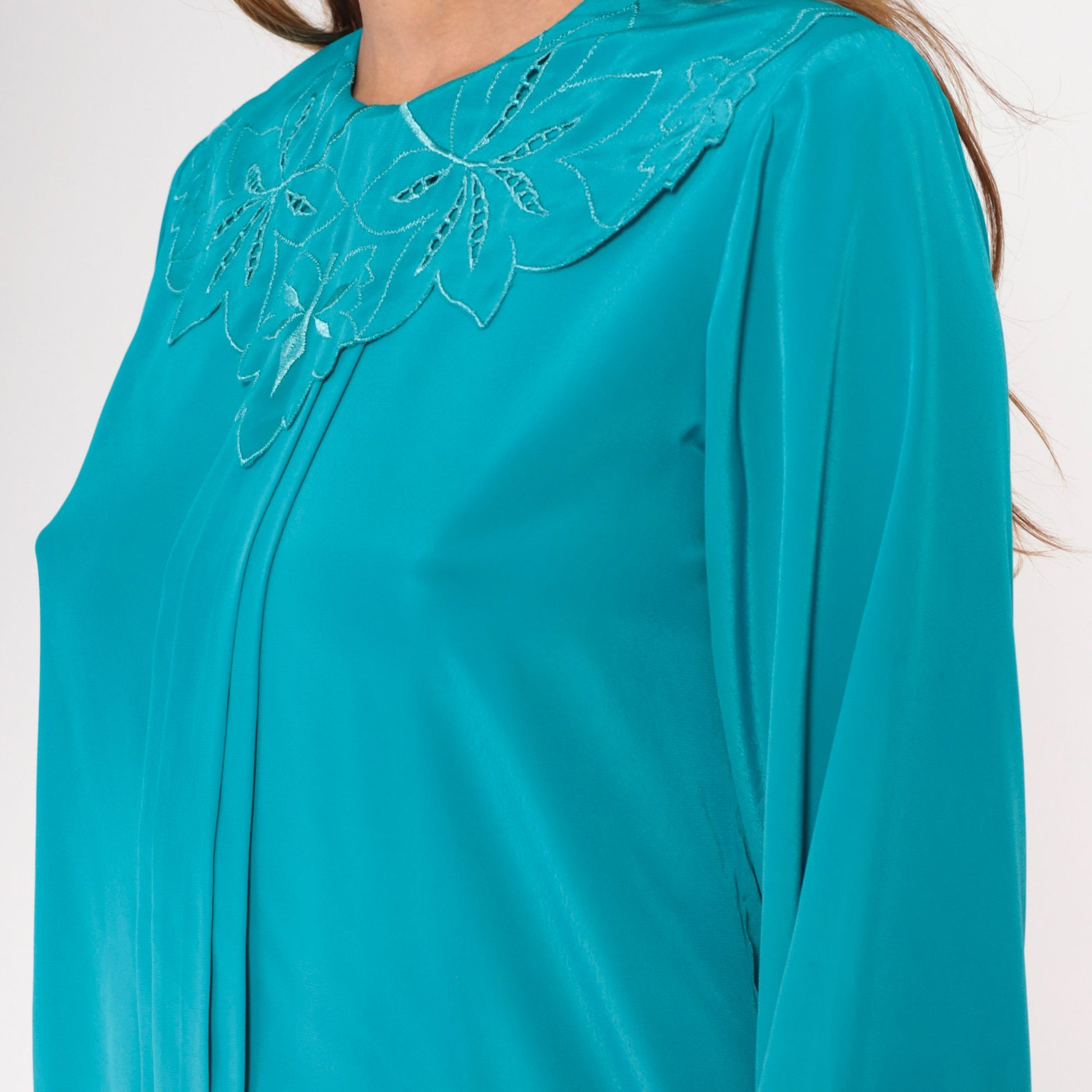 80s Teal Embroidered Cutwork Collar Blouse Button-Back Long Sleeve Small