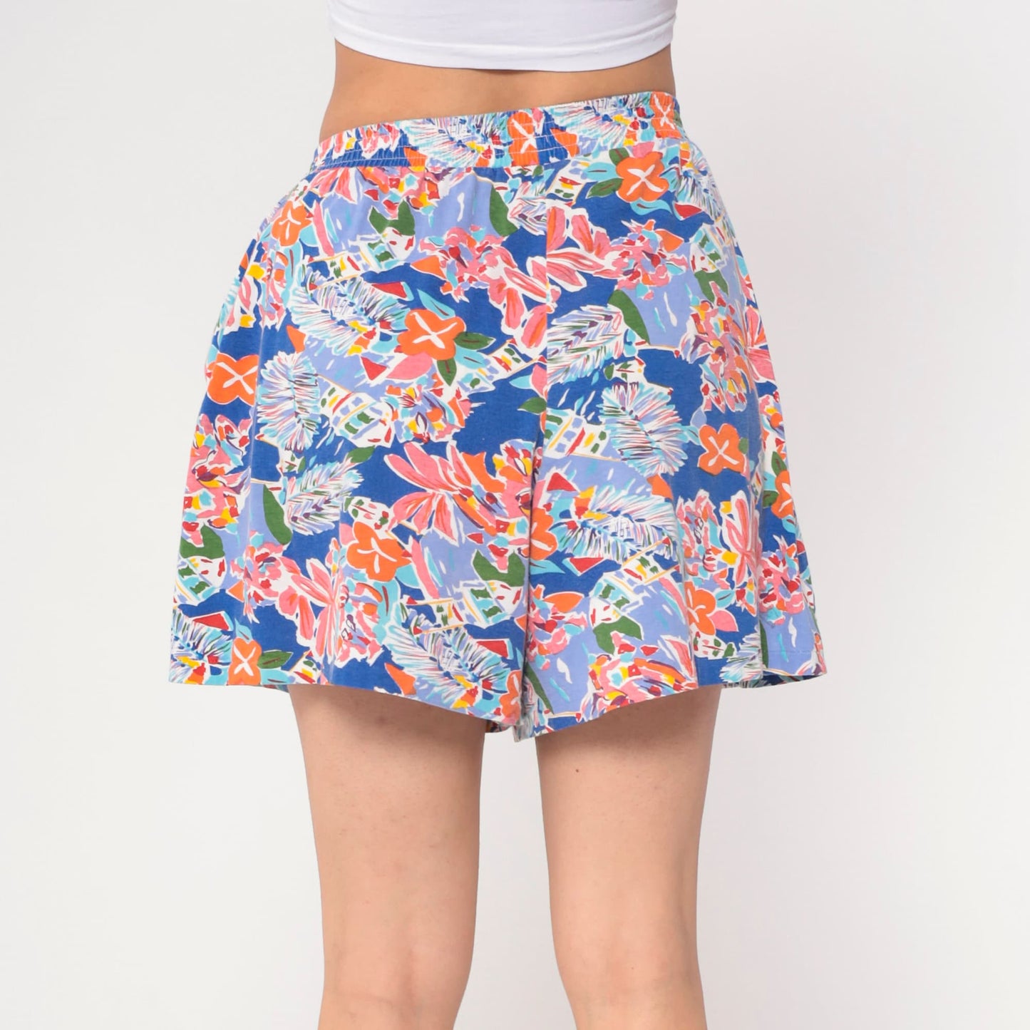 90s Tropical Floral Abstract Cotton Shorts High Waist Small Medium
