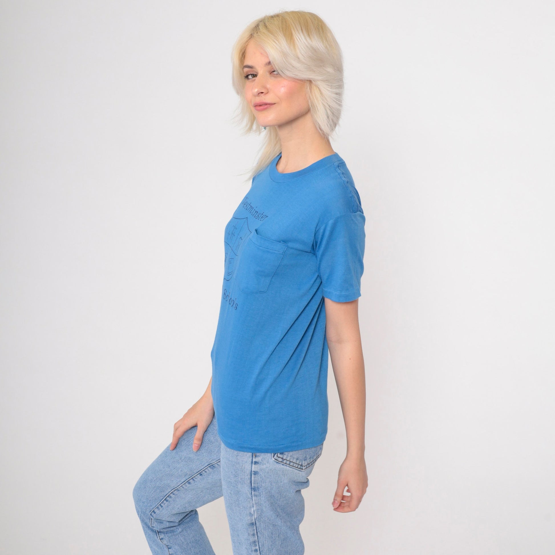80s Westminster Christian Schools Logo T-Shirt Blue Graphic Tee Extra Small