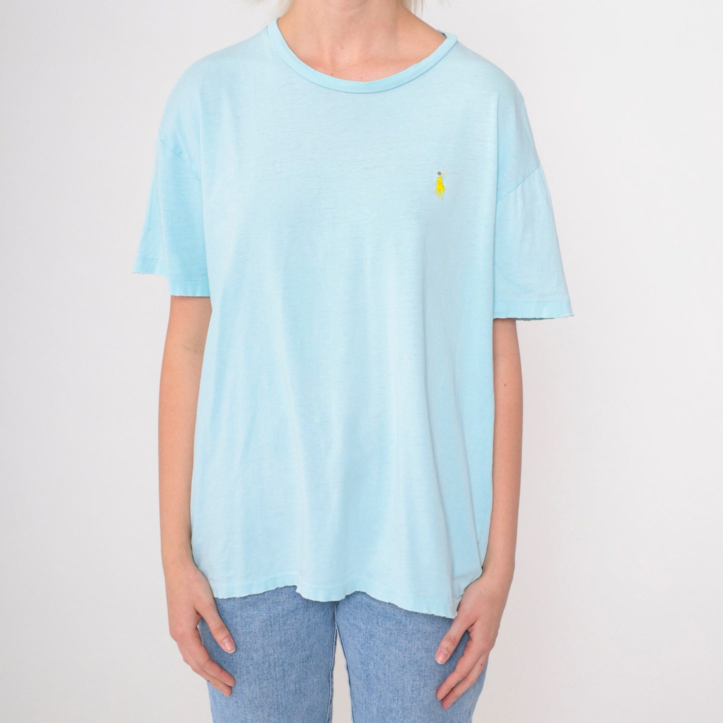 90s Polo Ralph Lauren T Shirt Baby Blue Distressed Logo Medium