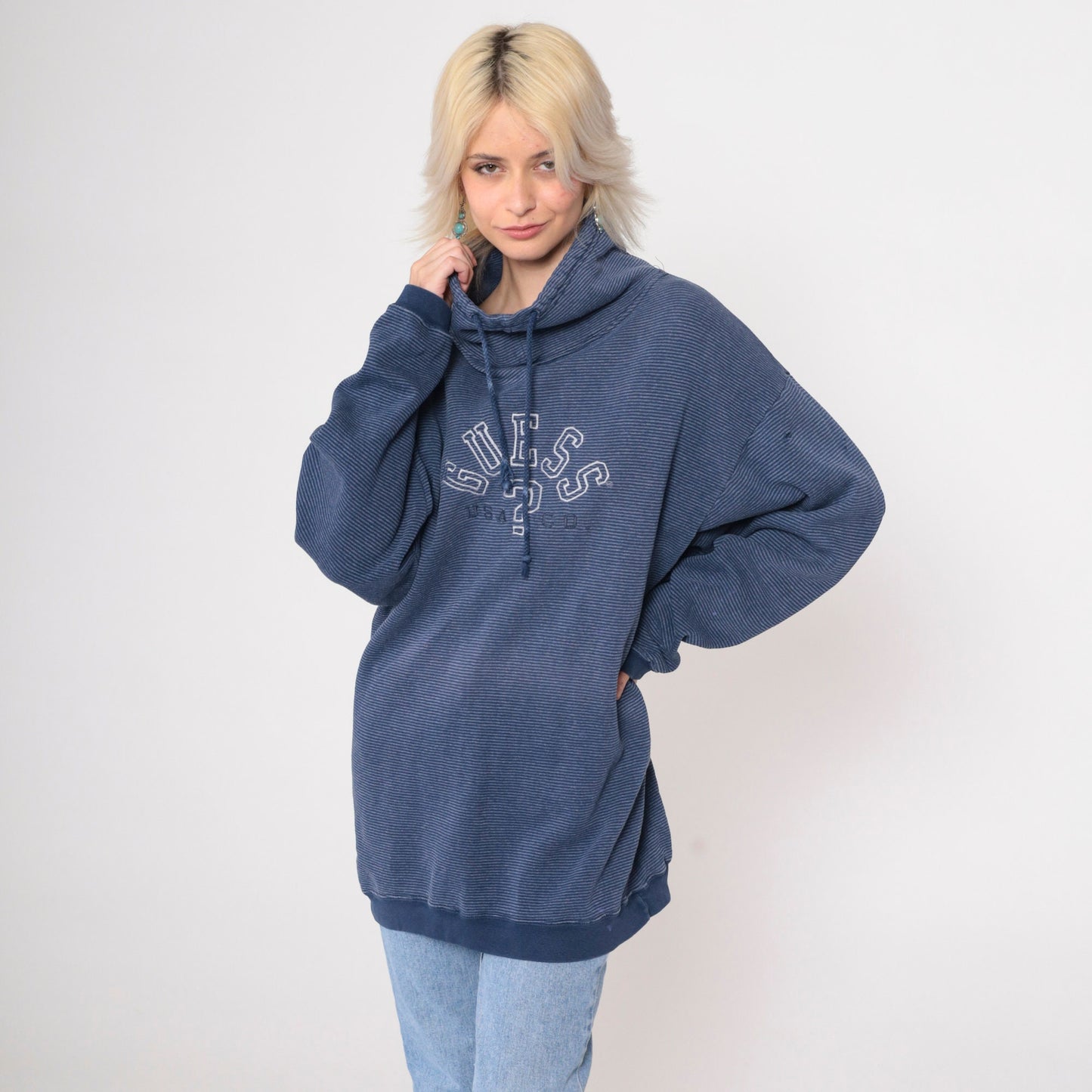 90s Guess Striped Blue Drawstring Cowl Neck Sweatshirt Large