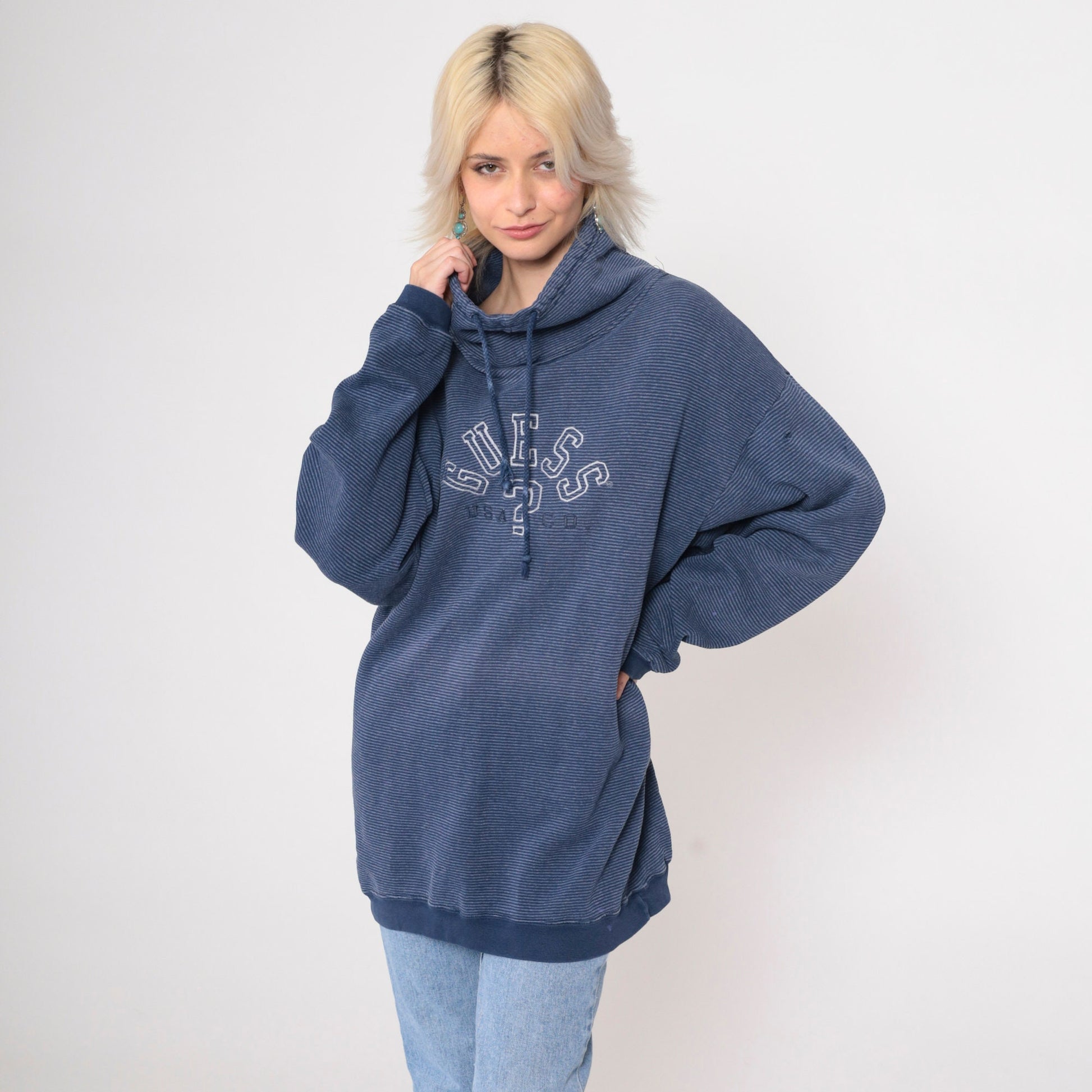 90s Guess Striped Blue Drawstring Cowl Neck Sweatshirt Large