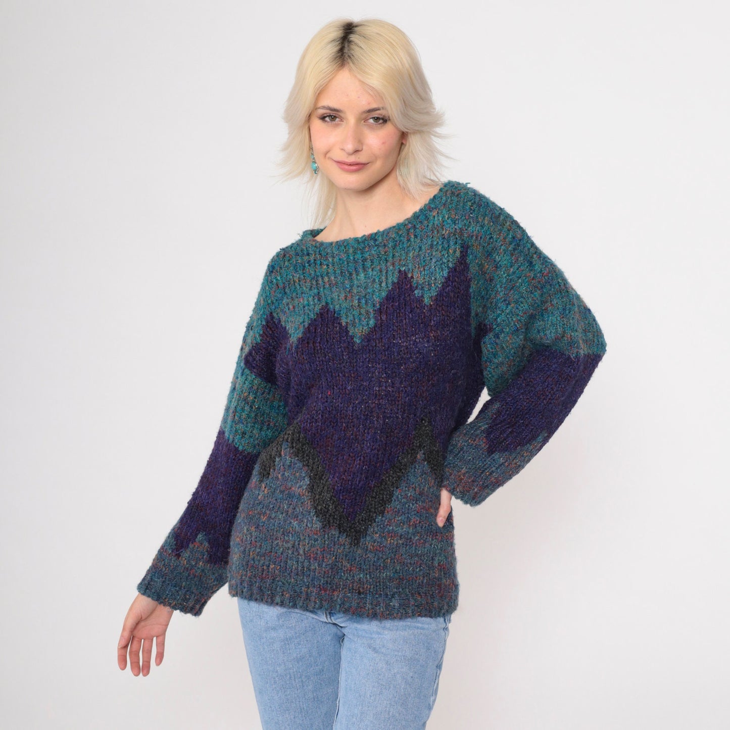 90s Purple Teal Colour Block Wool Blend Sweater Geometric Knit Large L