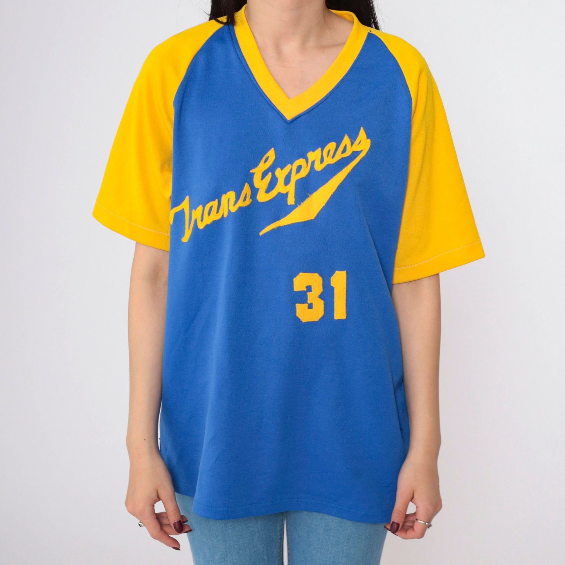 70s Trans Express Steve 31 Baseball Ringer Tee V-Neck Raglan Yellow Blue Medium