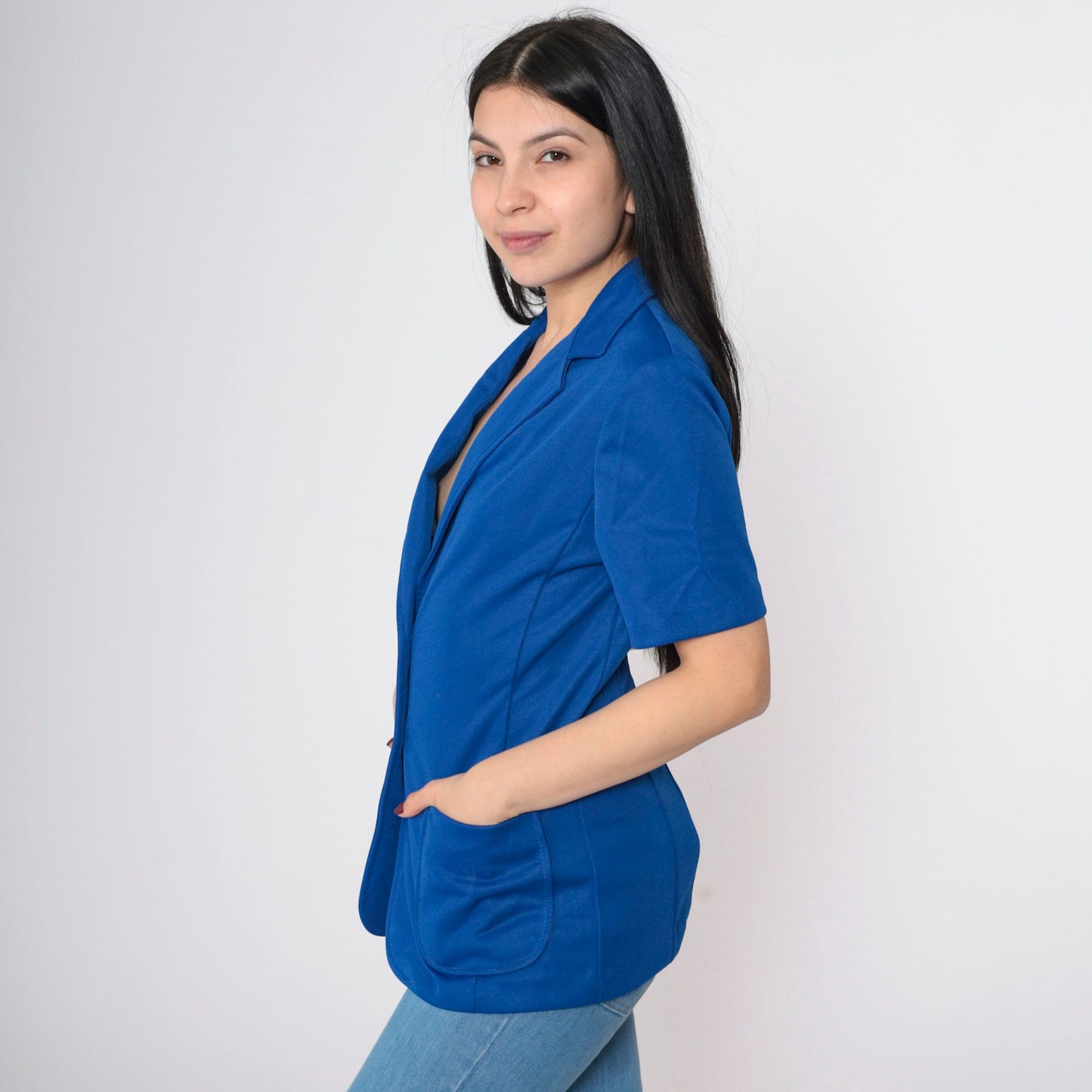 70s Royal Blue Short Sleeve Blazer Tailored Button Up Jacket Small