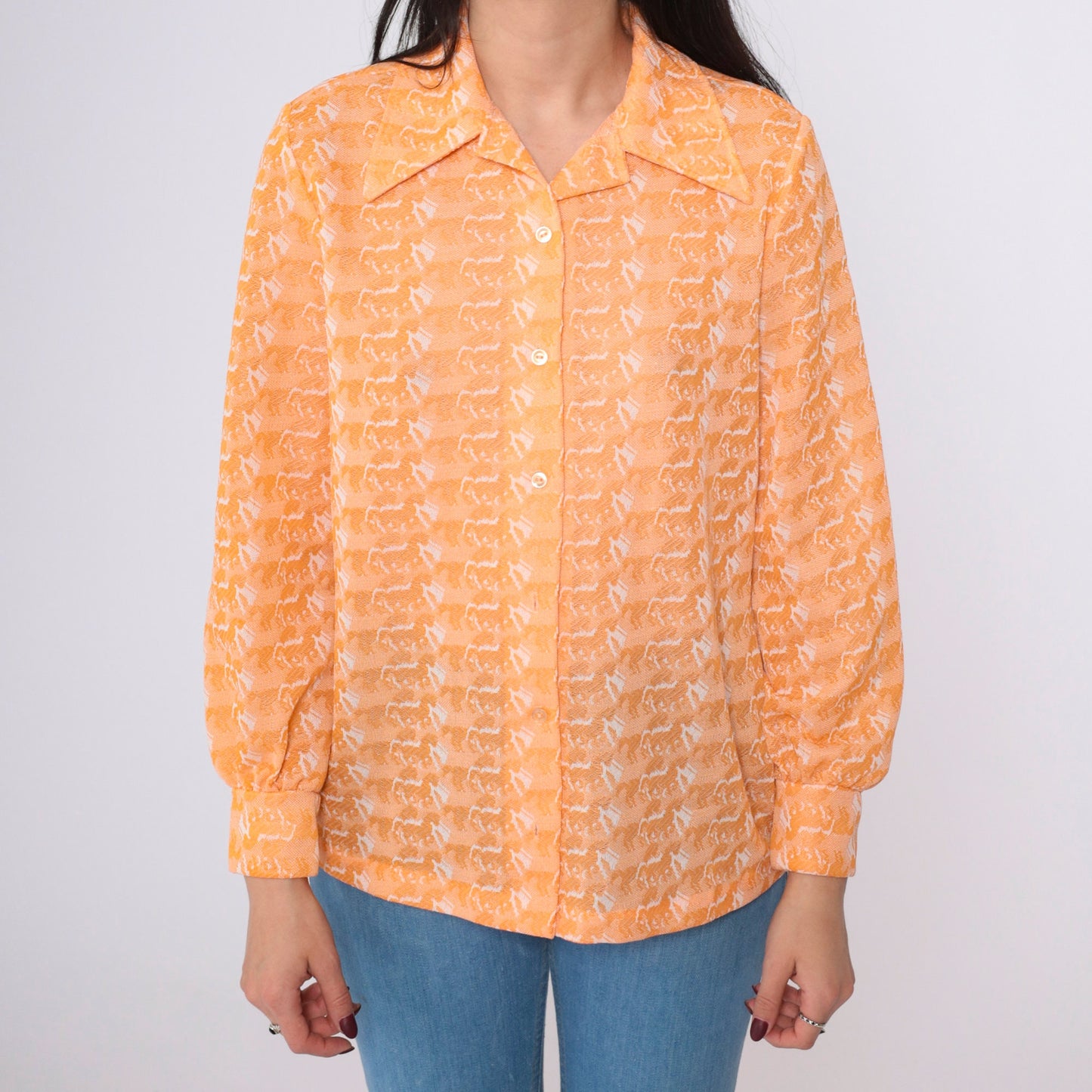 70s Horse Print Orange Button-Up Blouse Long Sleeve Psychedelic Shirt Medium
