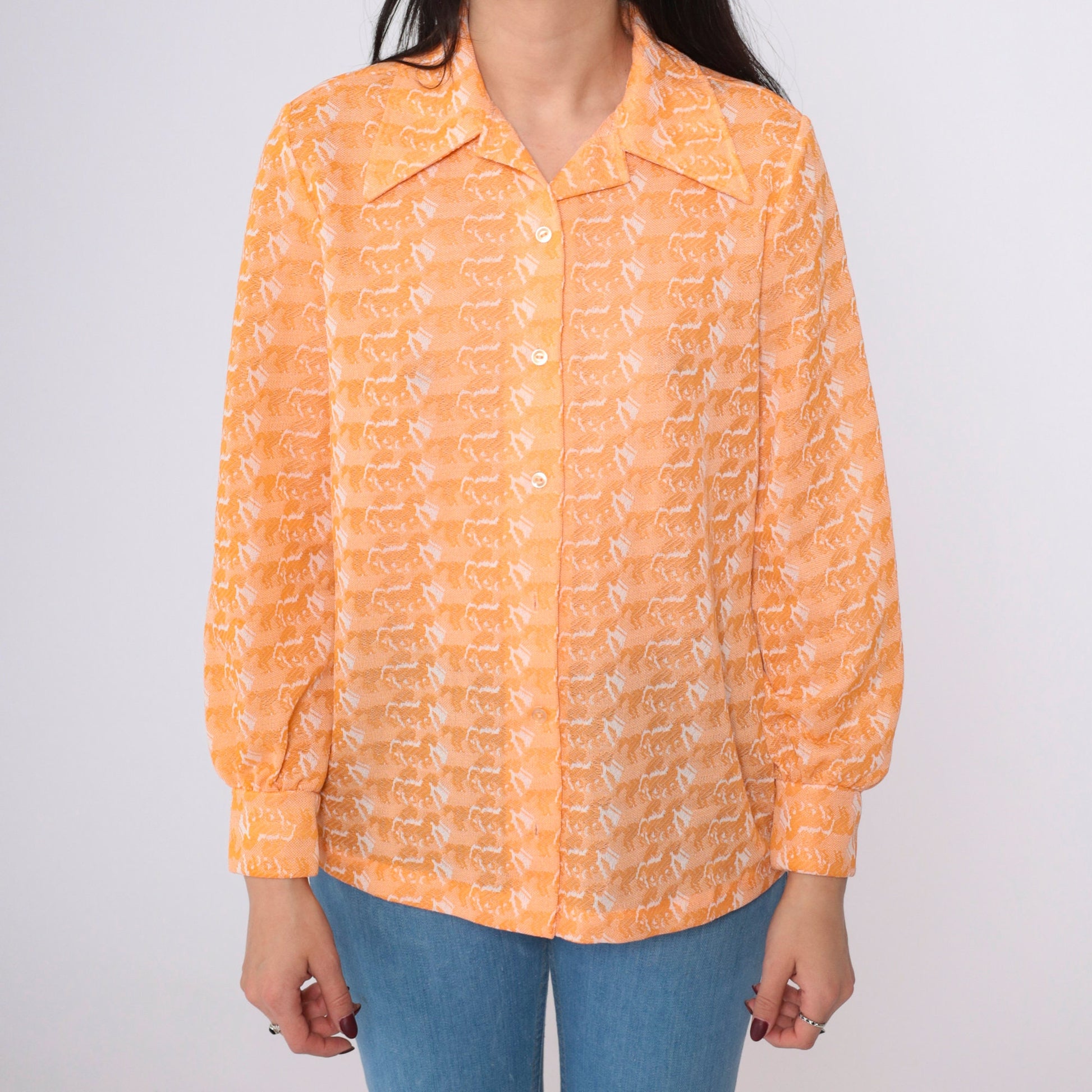 70s Horse Print Orange Button-Up Blouse Long Sleeve Psychedelic Shirt Medium