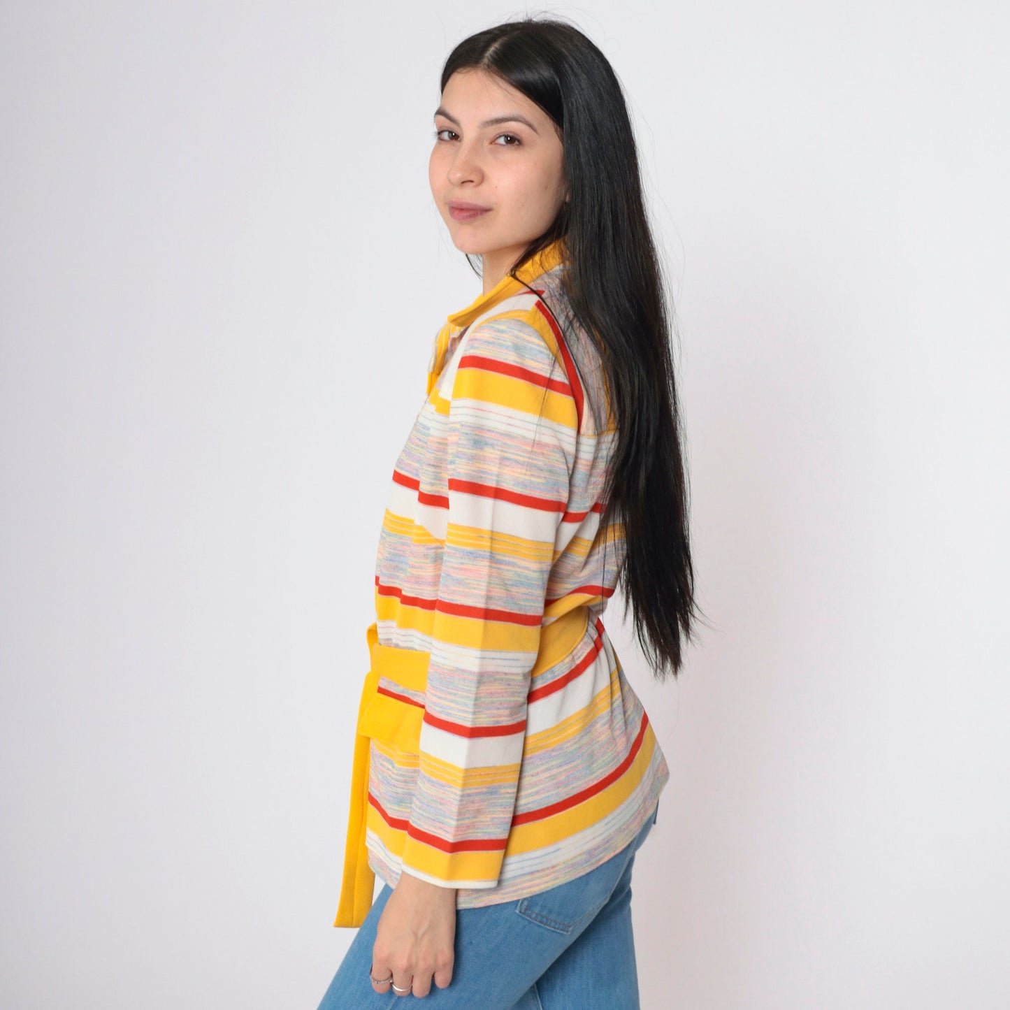 70s Yellow Red Striped Button-Up Blouse Pointed Collar Long Sleeve Small