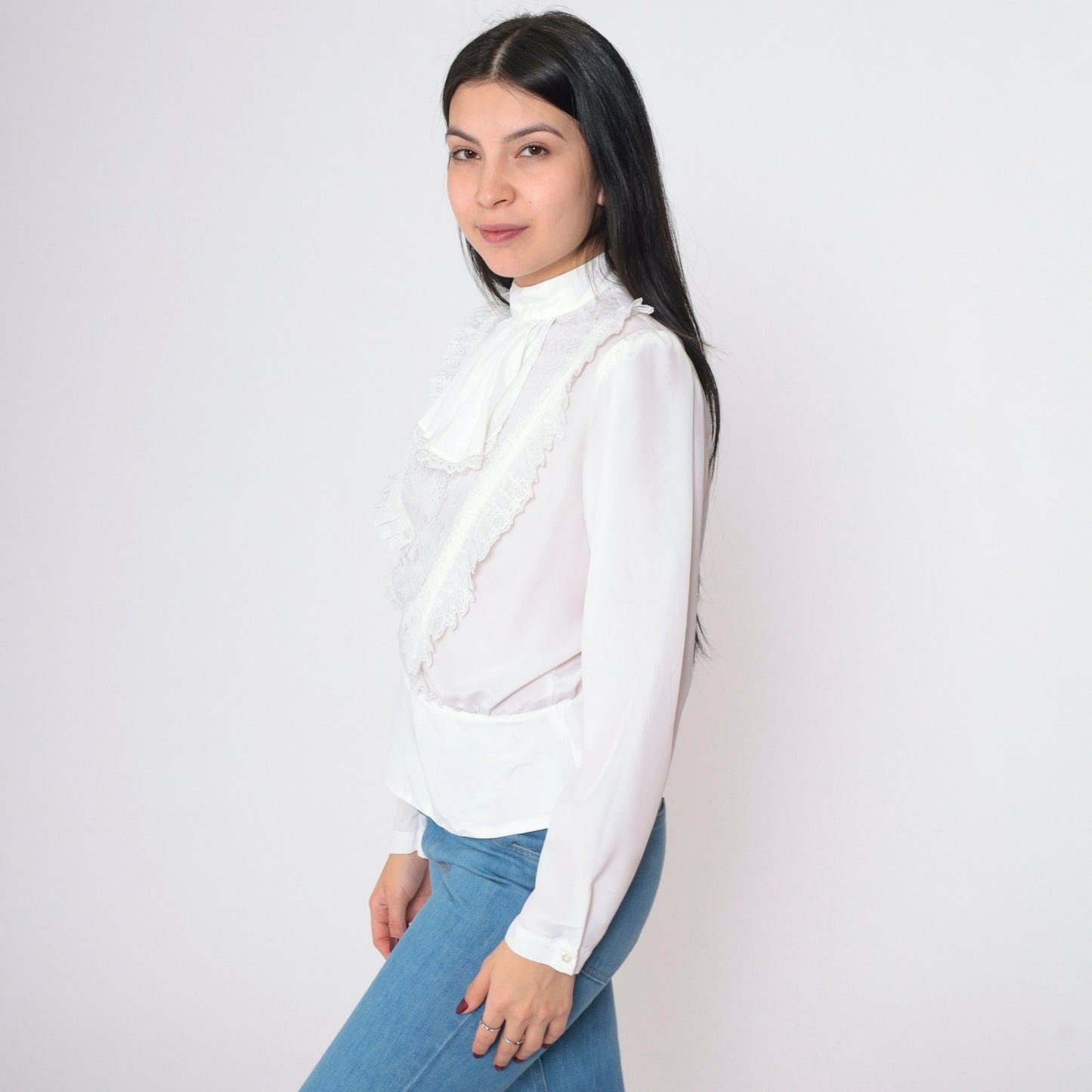 80s White Lace Jabot Blouse Puff Sleeve Button Back Shirt Small