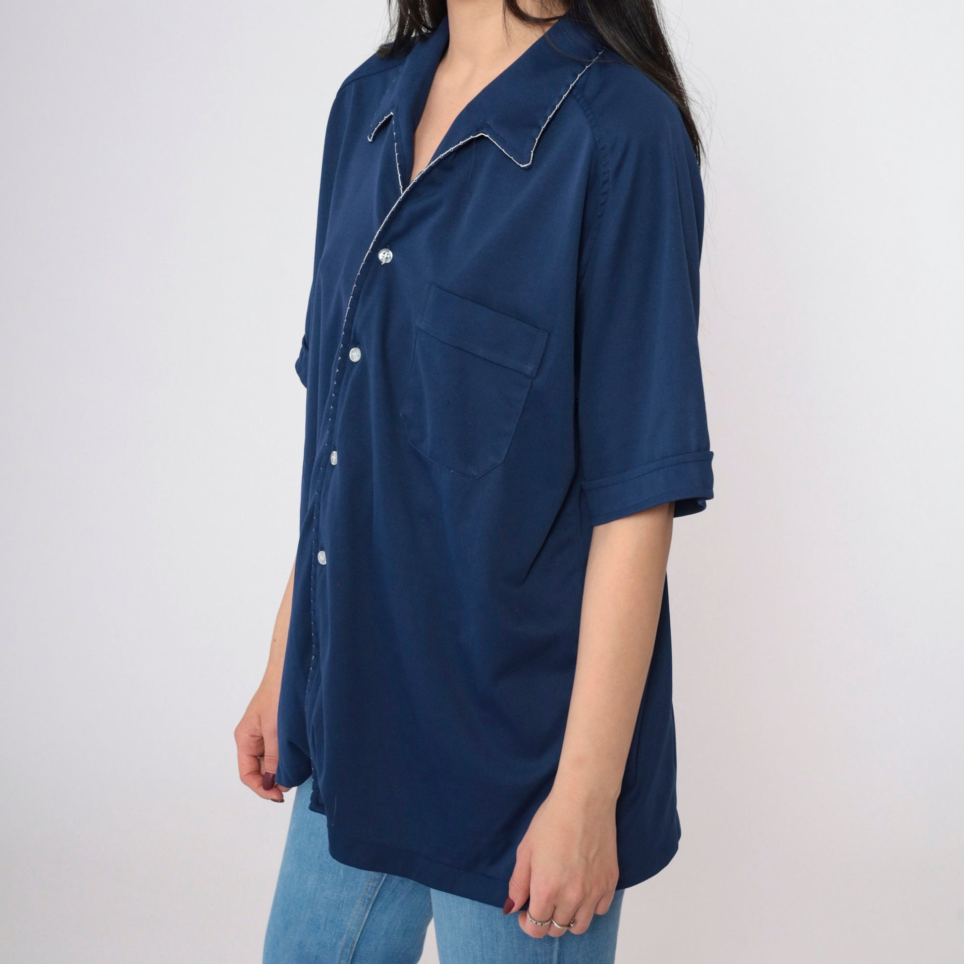 70s Navy Button Up Shirt White Scalloped Trim Short Sleeve Extra Large