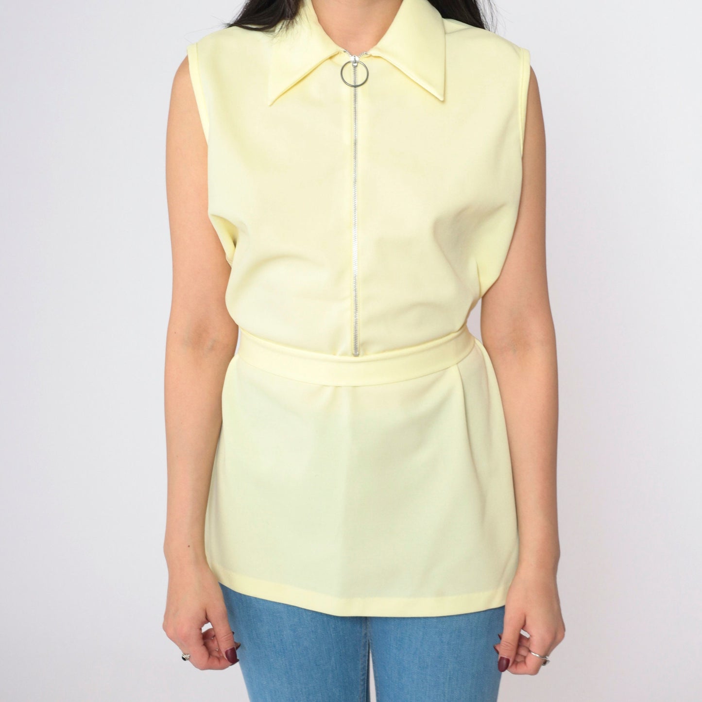 70s Yellow Sleeveless Zip-Up Blouse Pointed Collar Belted Waist Medium