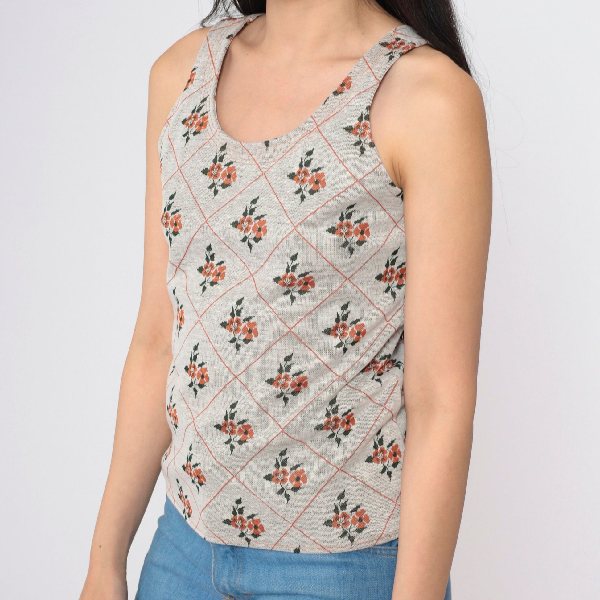 70s Floral Tank Top Scoop Neck Sleeveless Blouse Beige Orange Green Extra Small