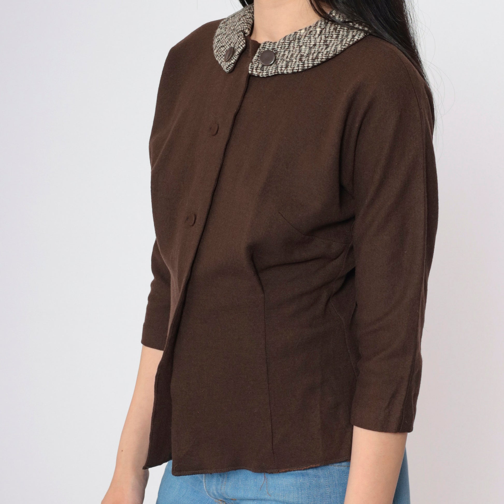 60s Brown Wool Blend Knit Collar Button-Up Top 3/4 Sleeve Small
