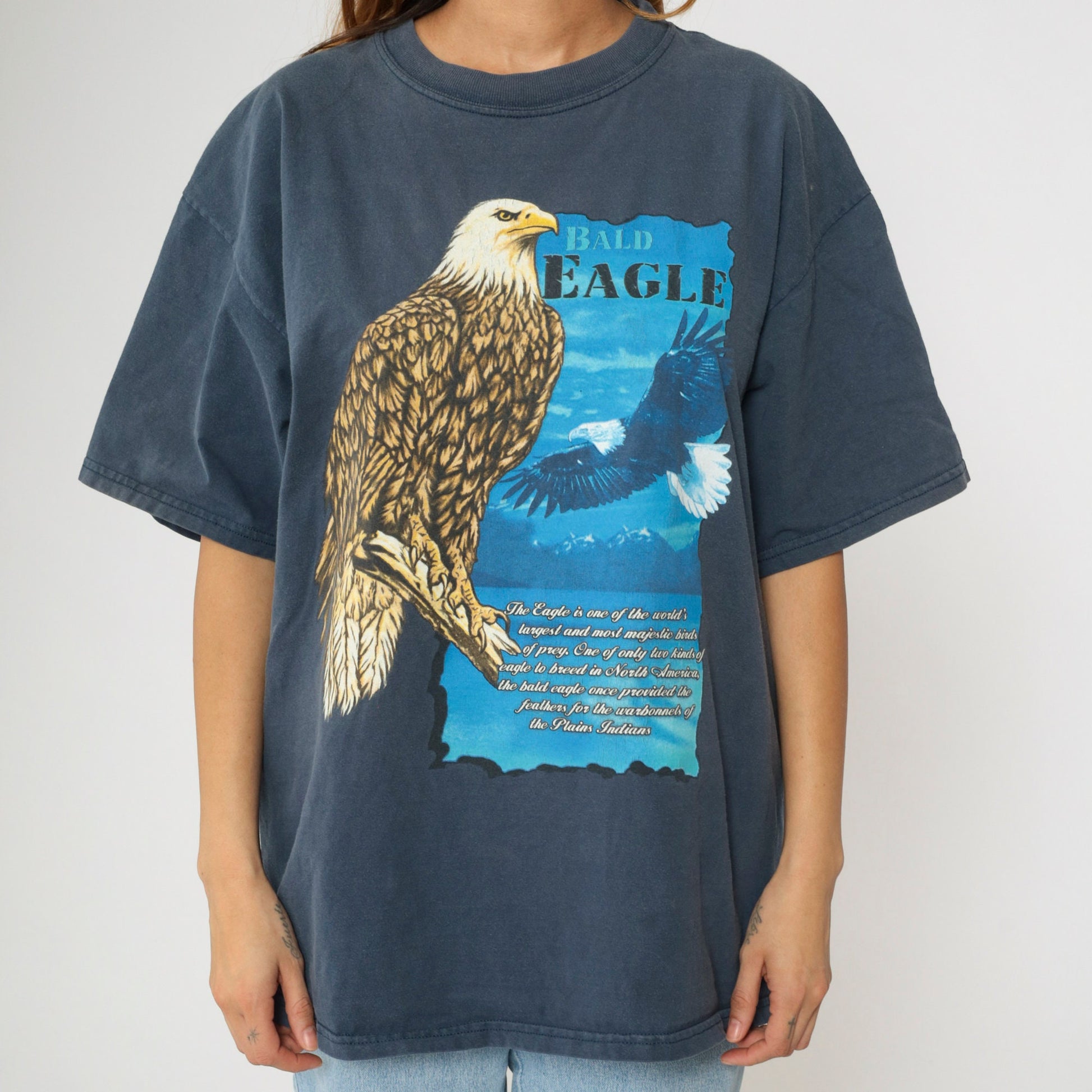 90s Bald Eagle Nature Graphic T-Shirt Navy Cotton Tee Extra Large XL